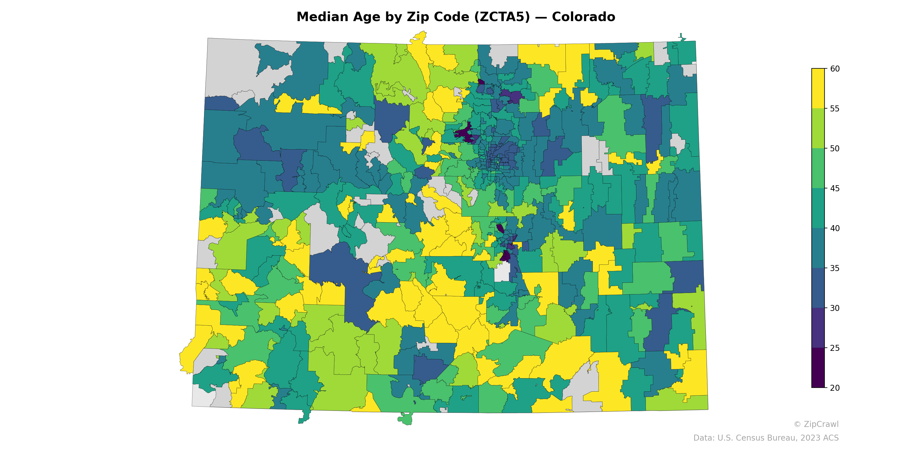 Median Age by Zip Code (ZCTA5) — Colorado