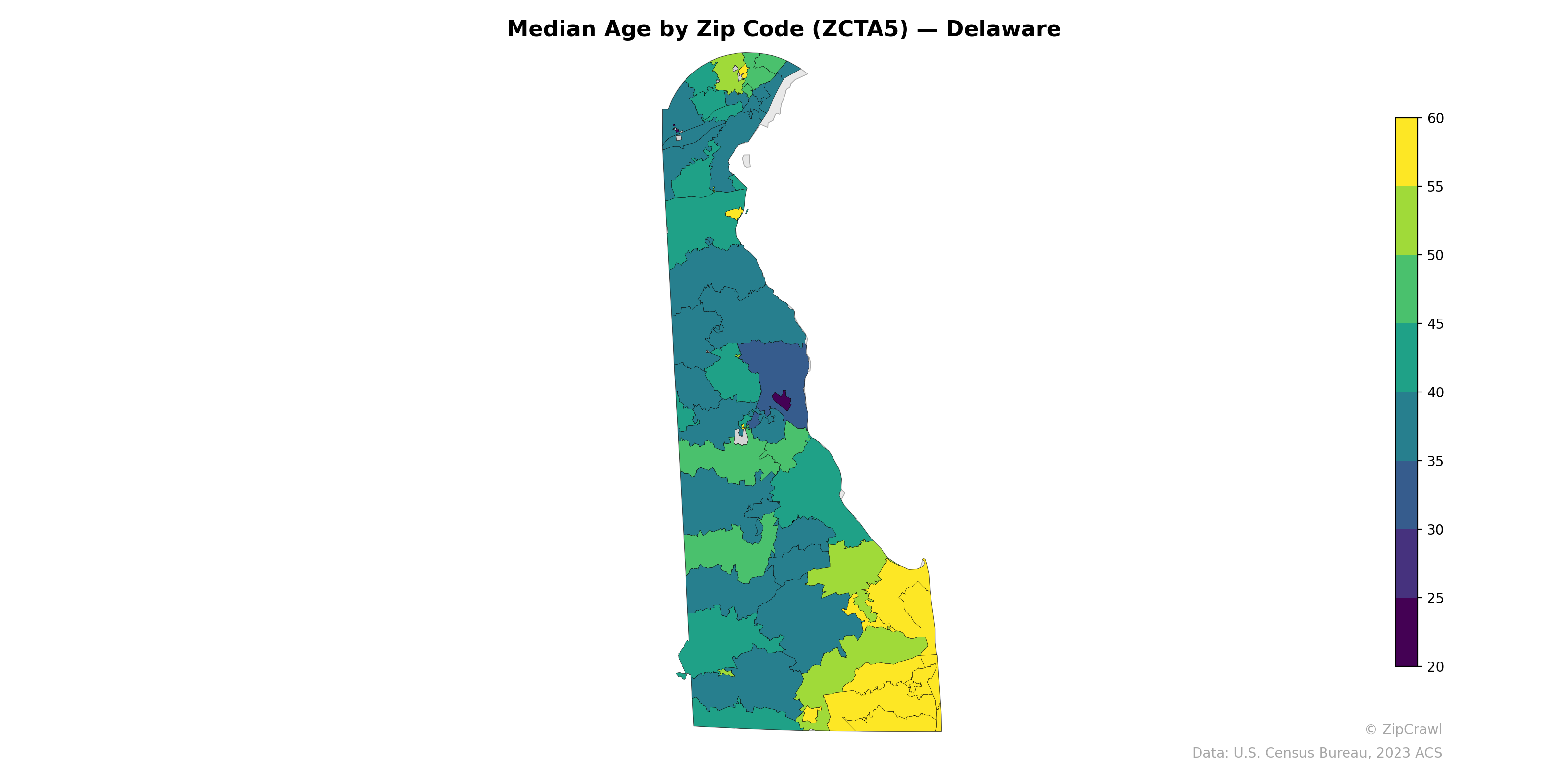 Median Age by Zip Code (ZCTA5) — Delaware