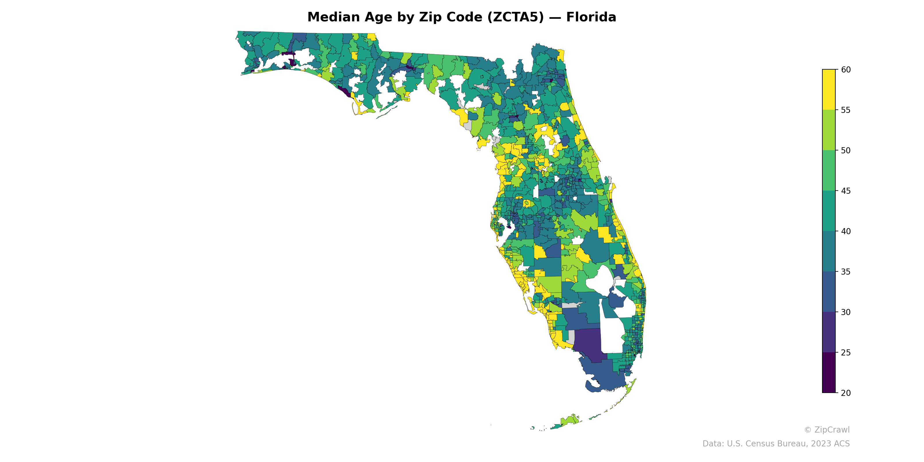 Median Age by Zip Code (ZCTA5) — Florida