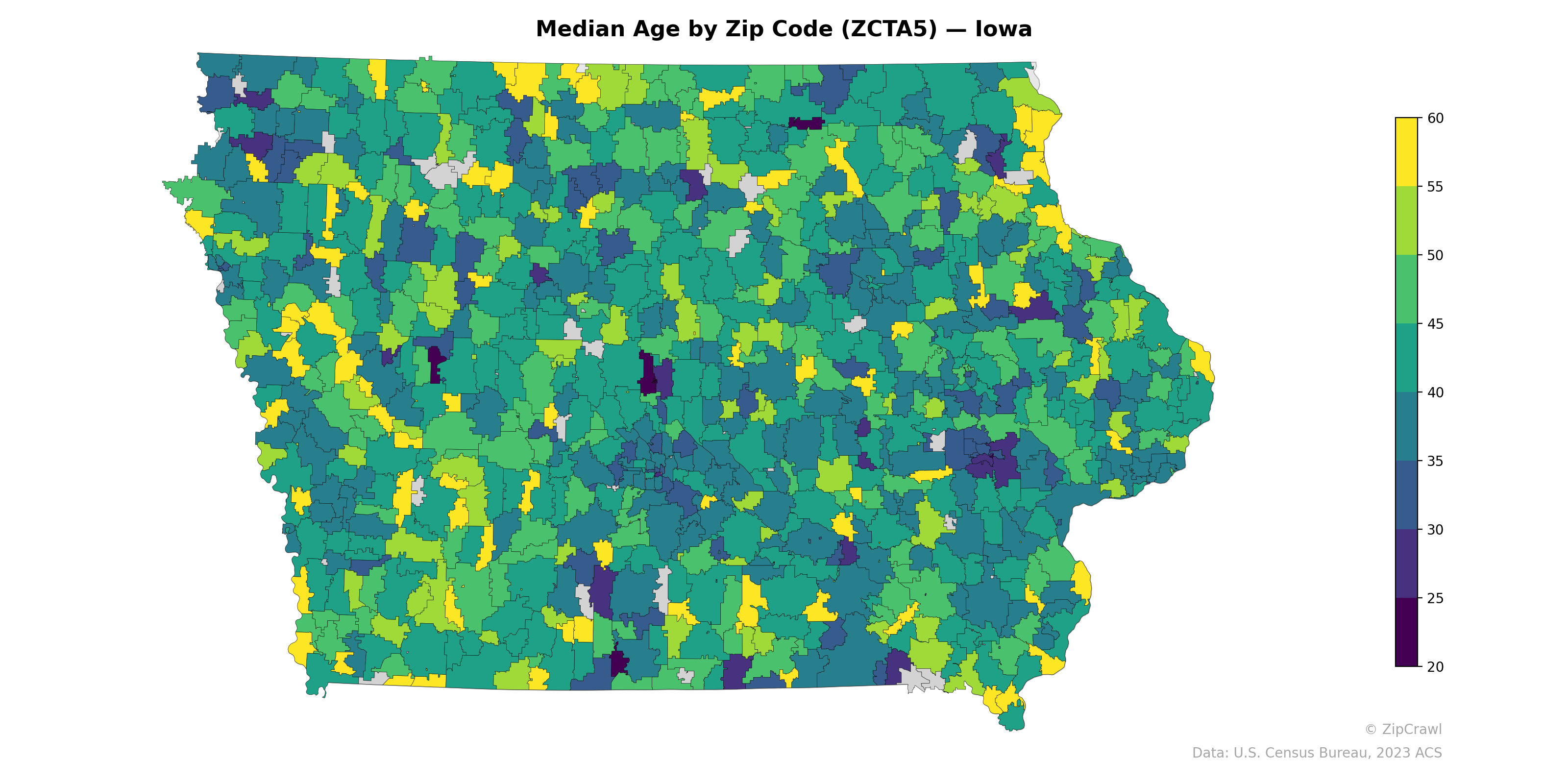 Median Age by Zip Code (ZCTA5) — Iowa