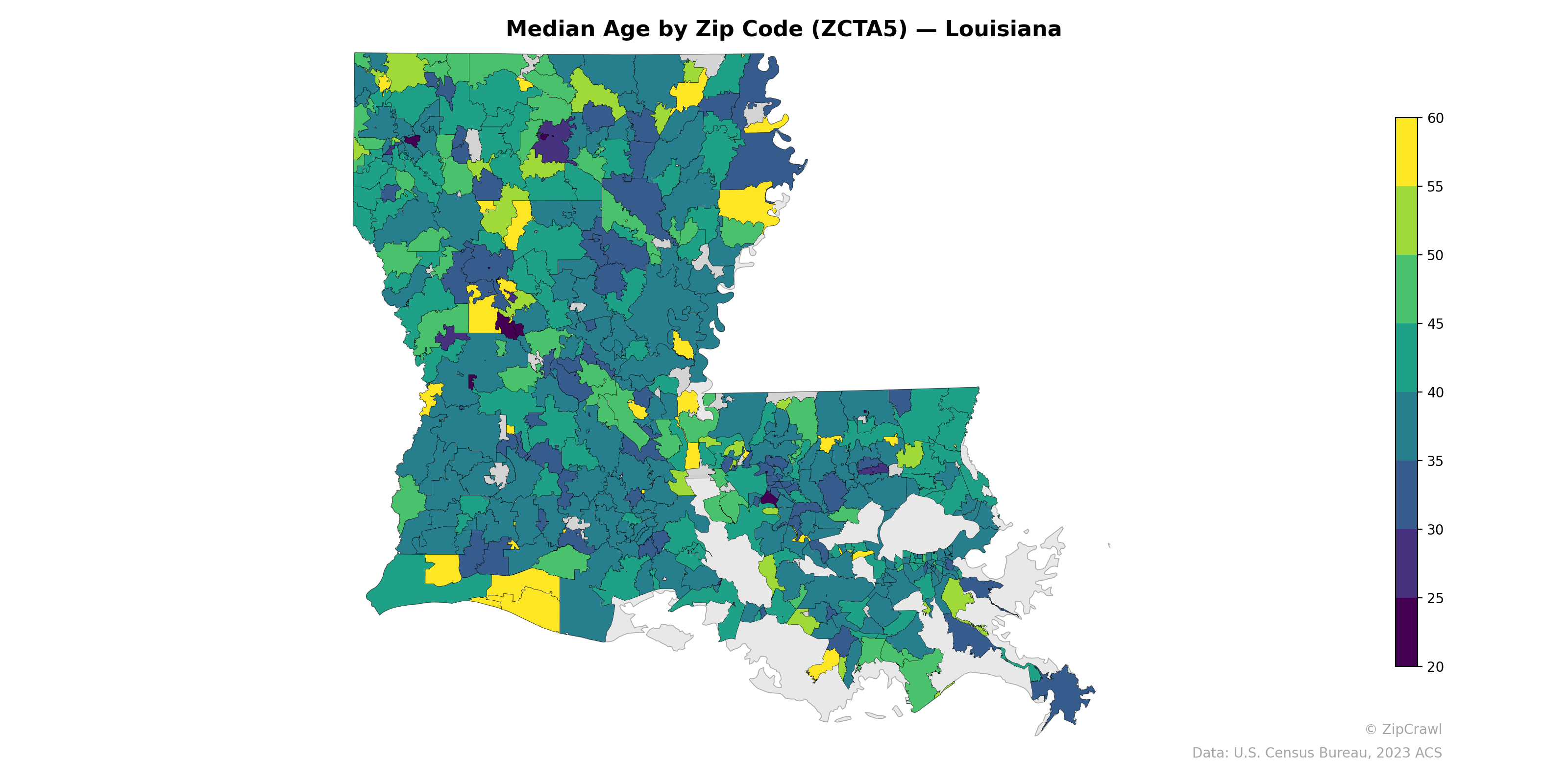 Median Age by Zip Code (ZCTA5) — Louisiana