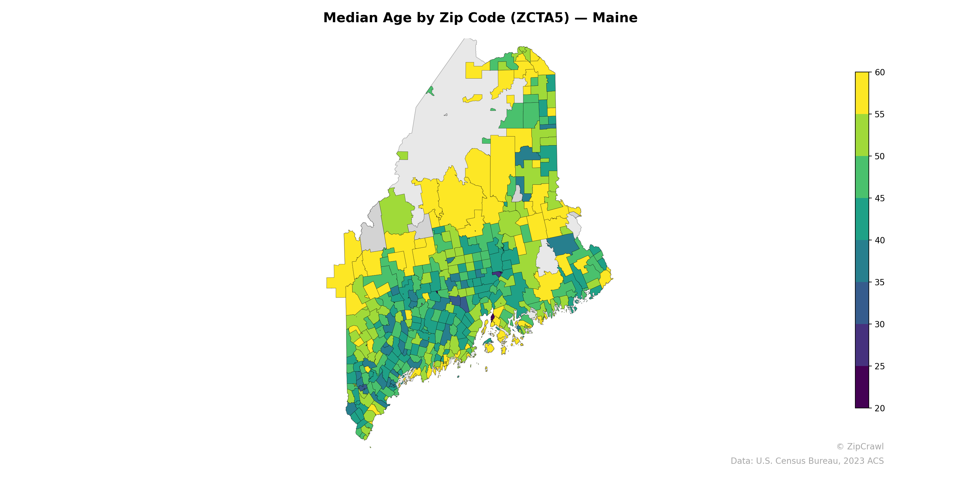 Median Age by Zip Code (ZCTA5) — Maine