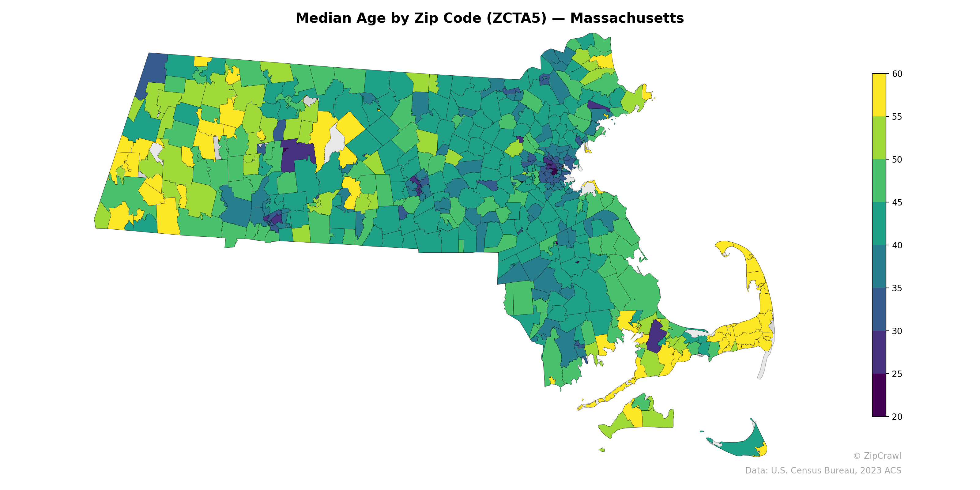 Median Age by Zip Code (ZCTA5) — Massachusetts