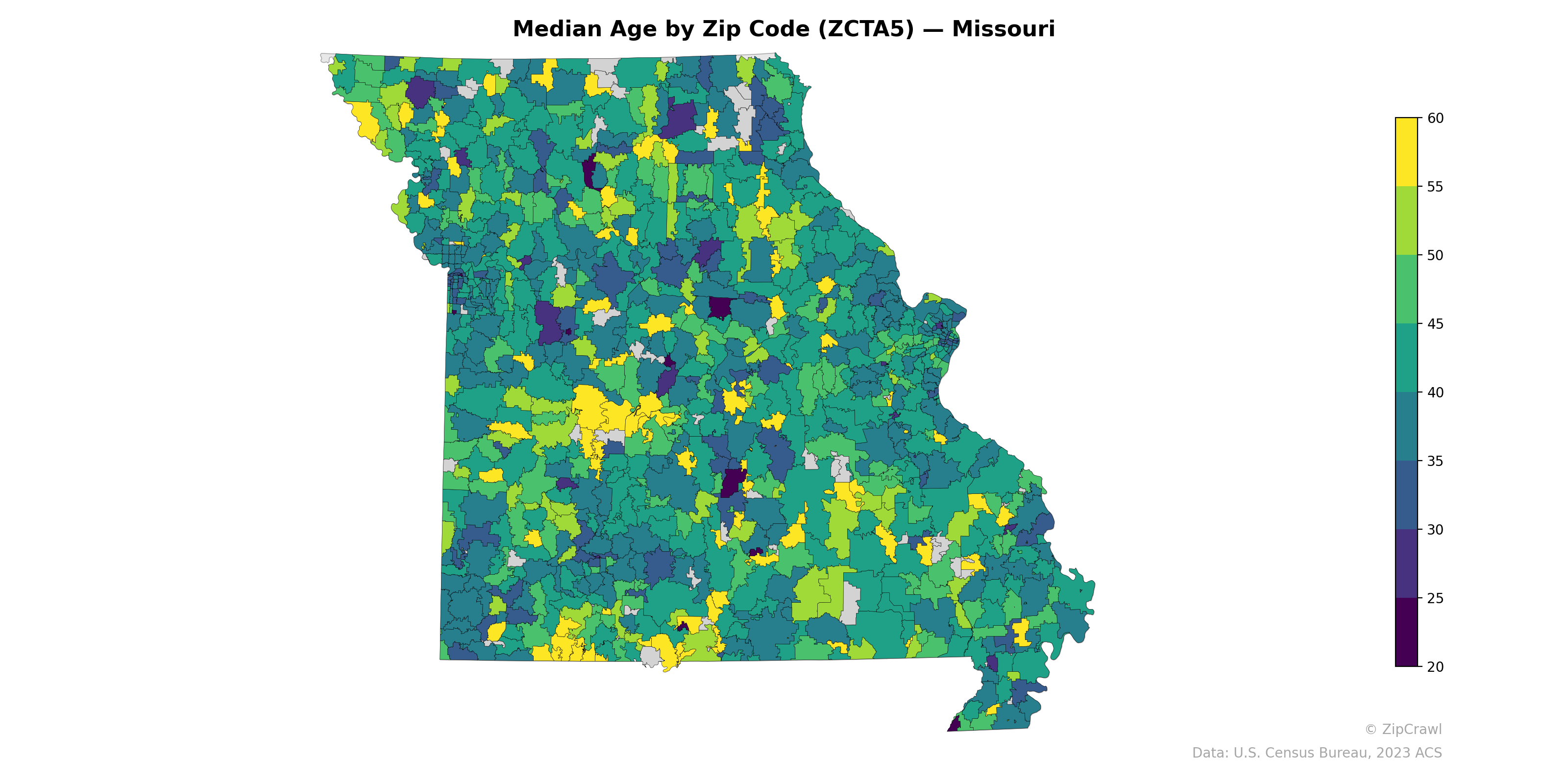 Median Age by Zip Code (ZCTA5) — Missouri