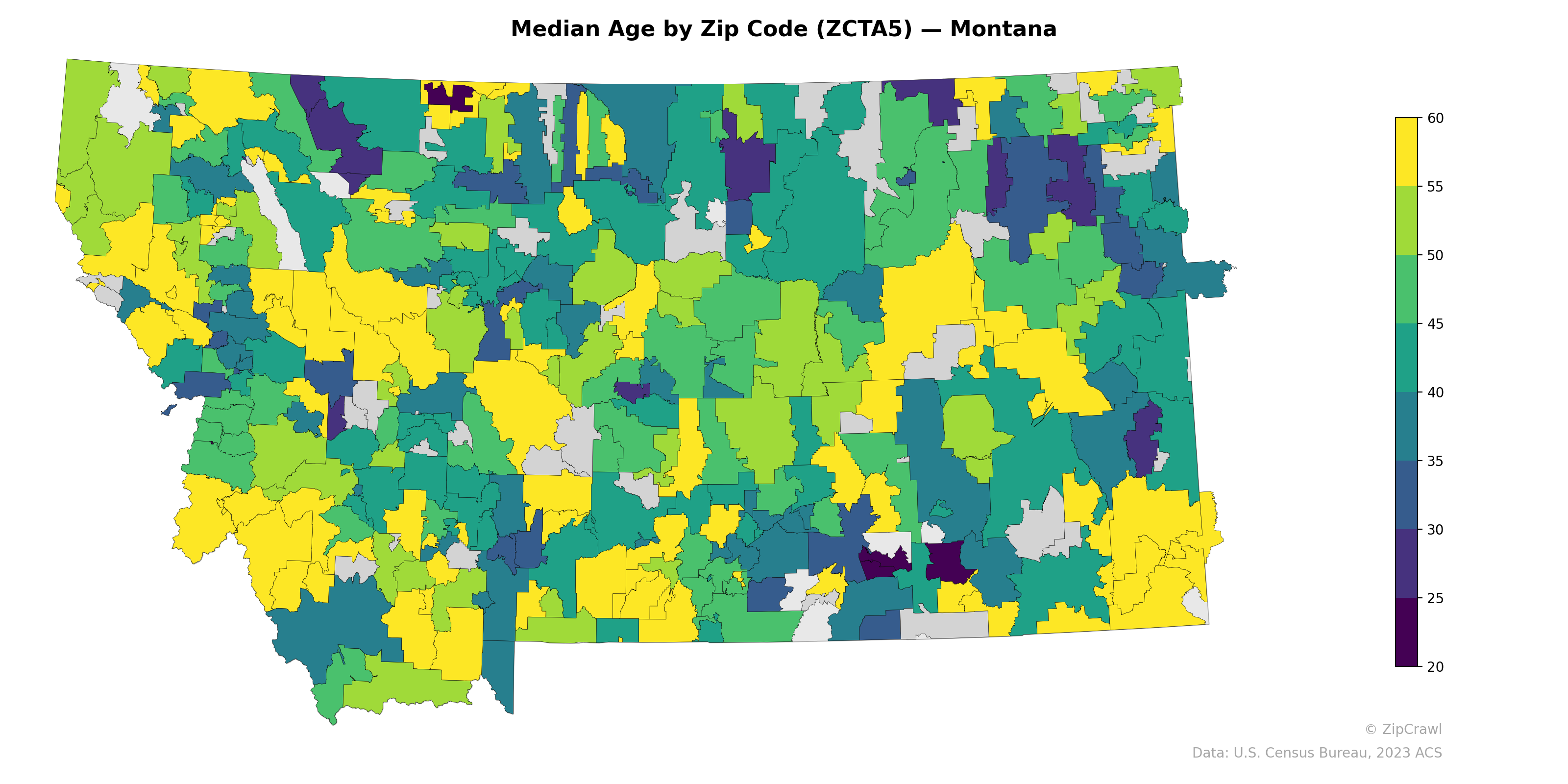Median Age by Zip Code (ZCTA5) — Montana