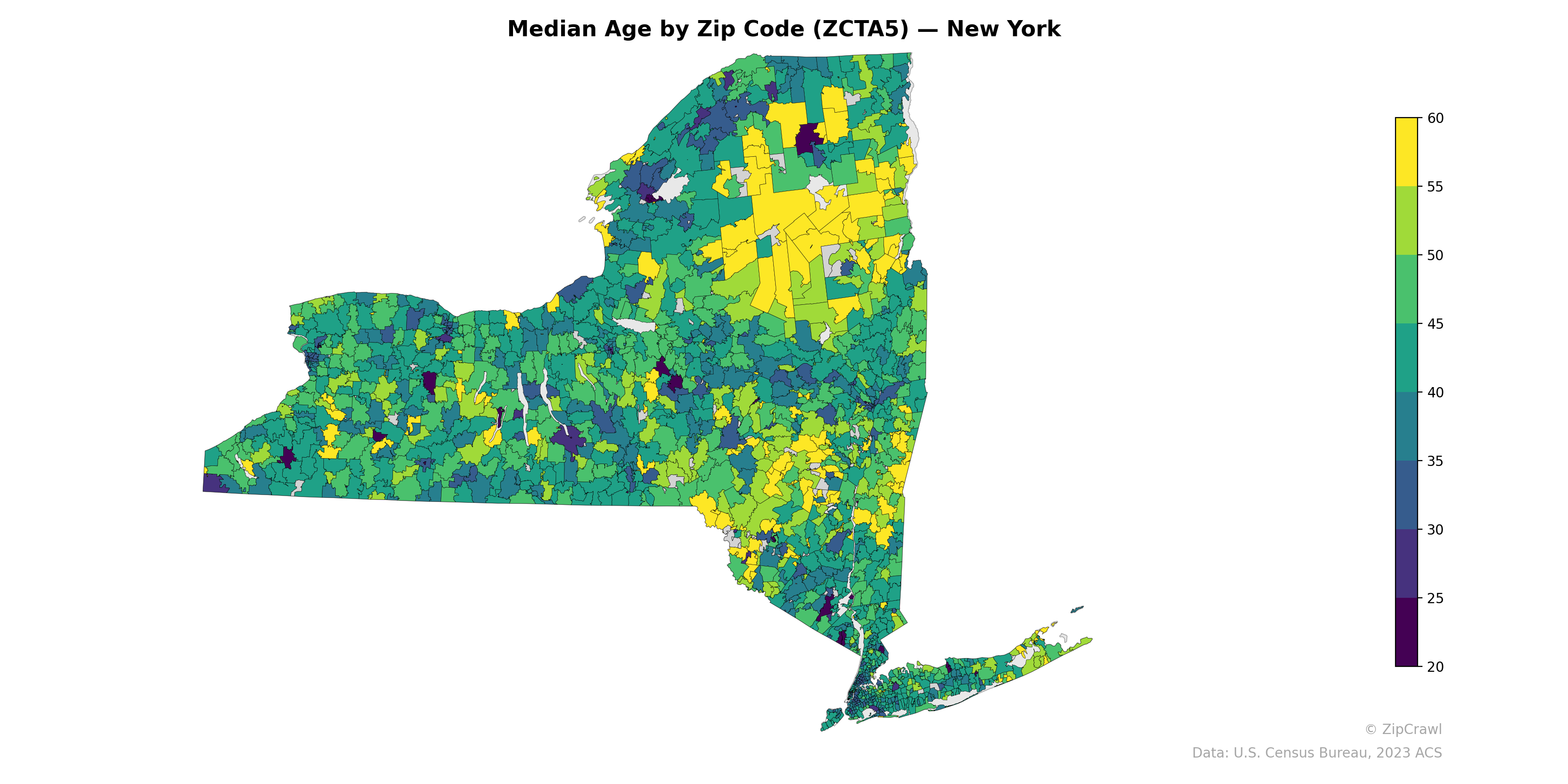 Median Age by Zip Code (ZCTA5) — New York