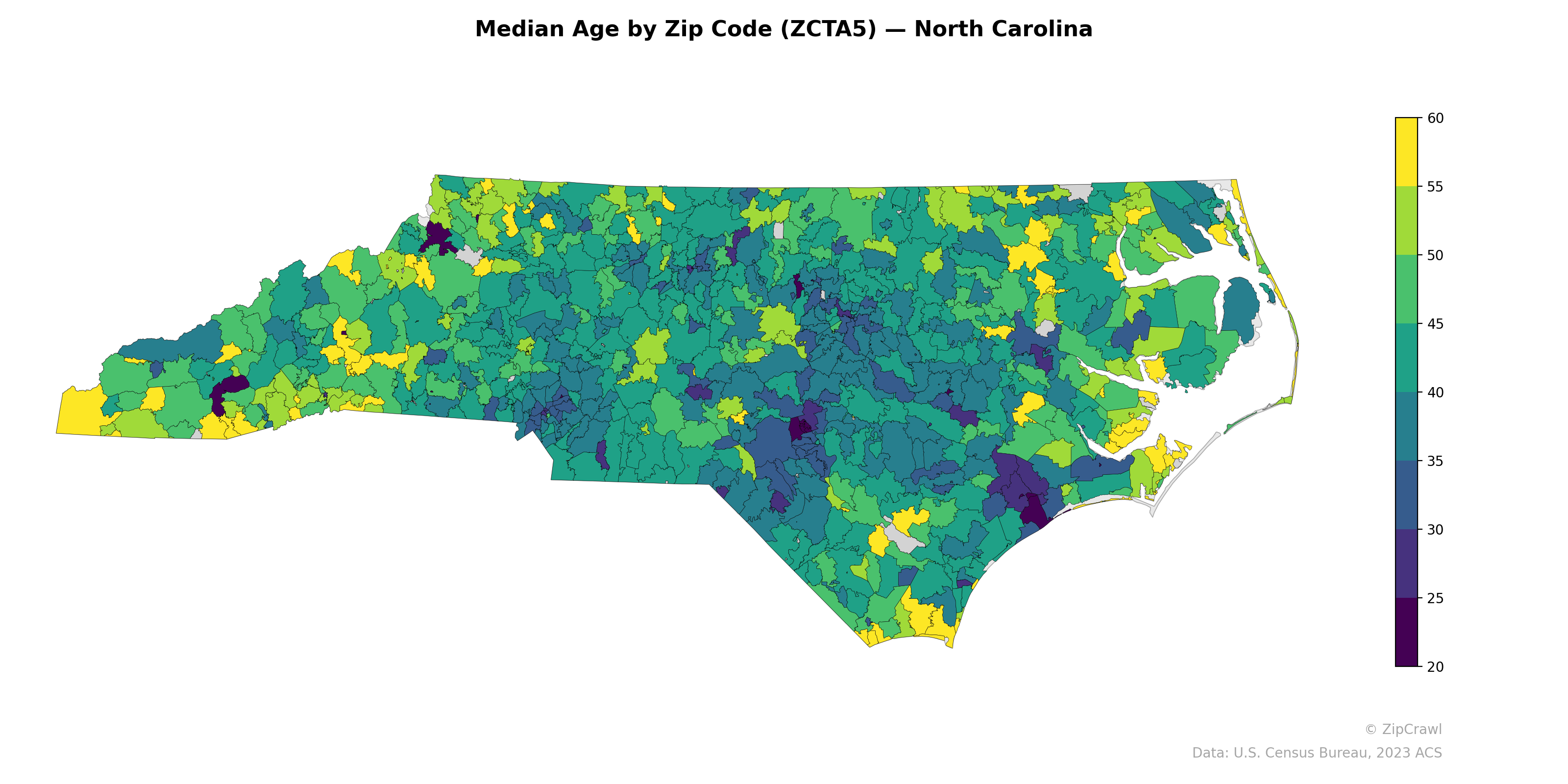 Median Age by Zip Code (ZCTA5) — North Carolina