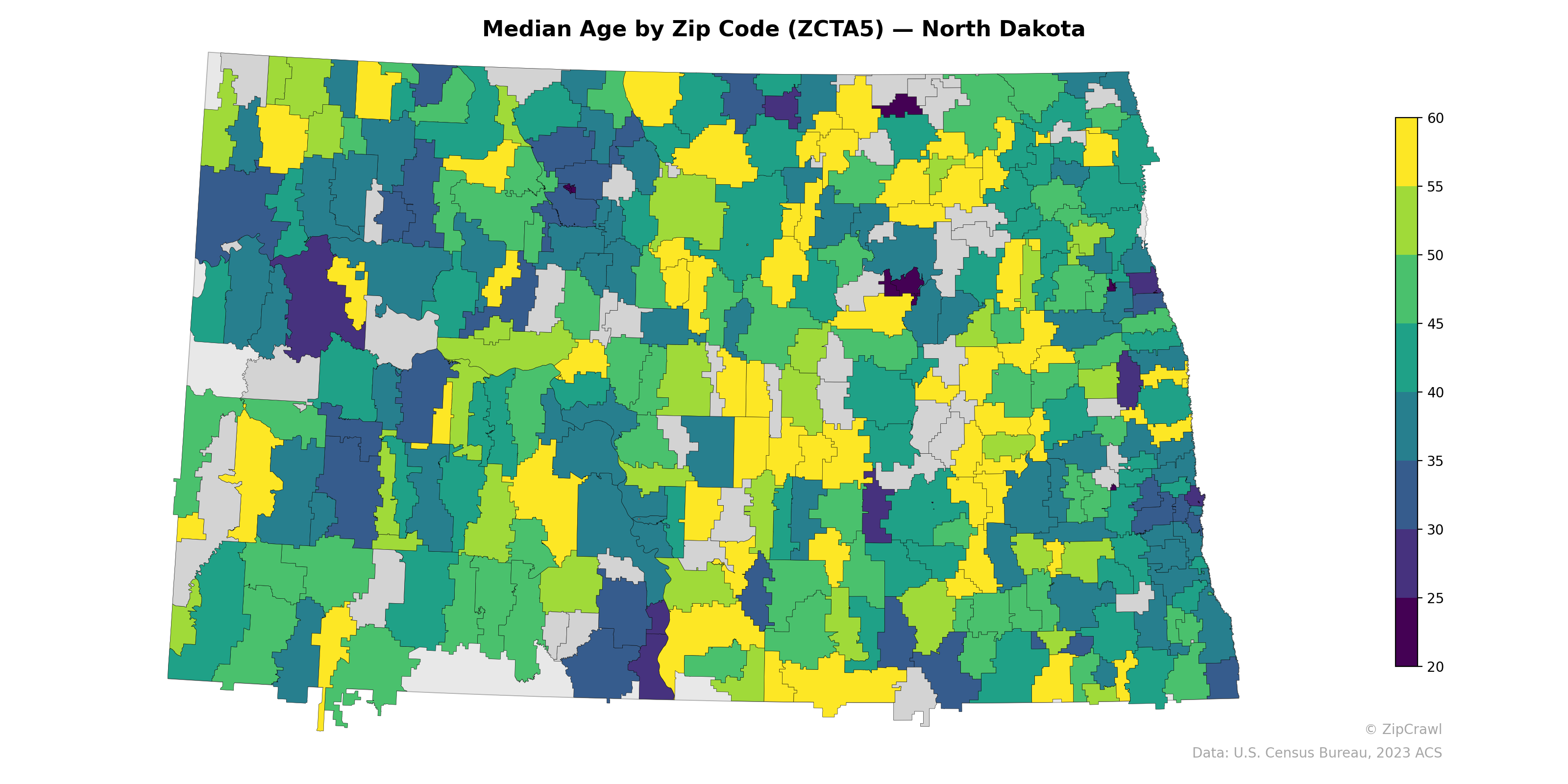 Median Age by Zip Code (ZCTA5) — North Dakota