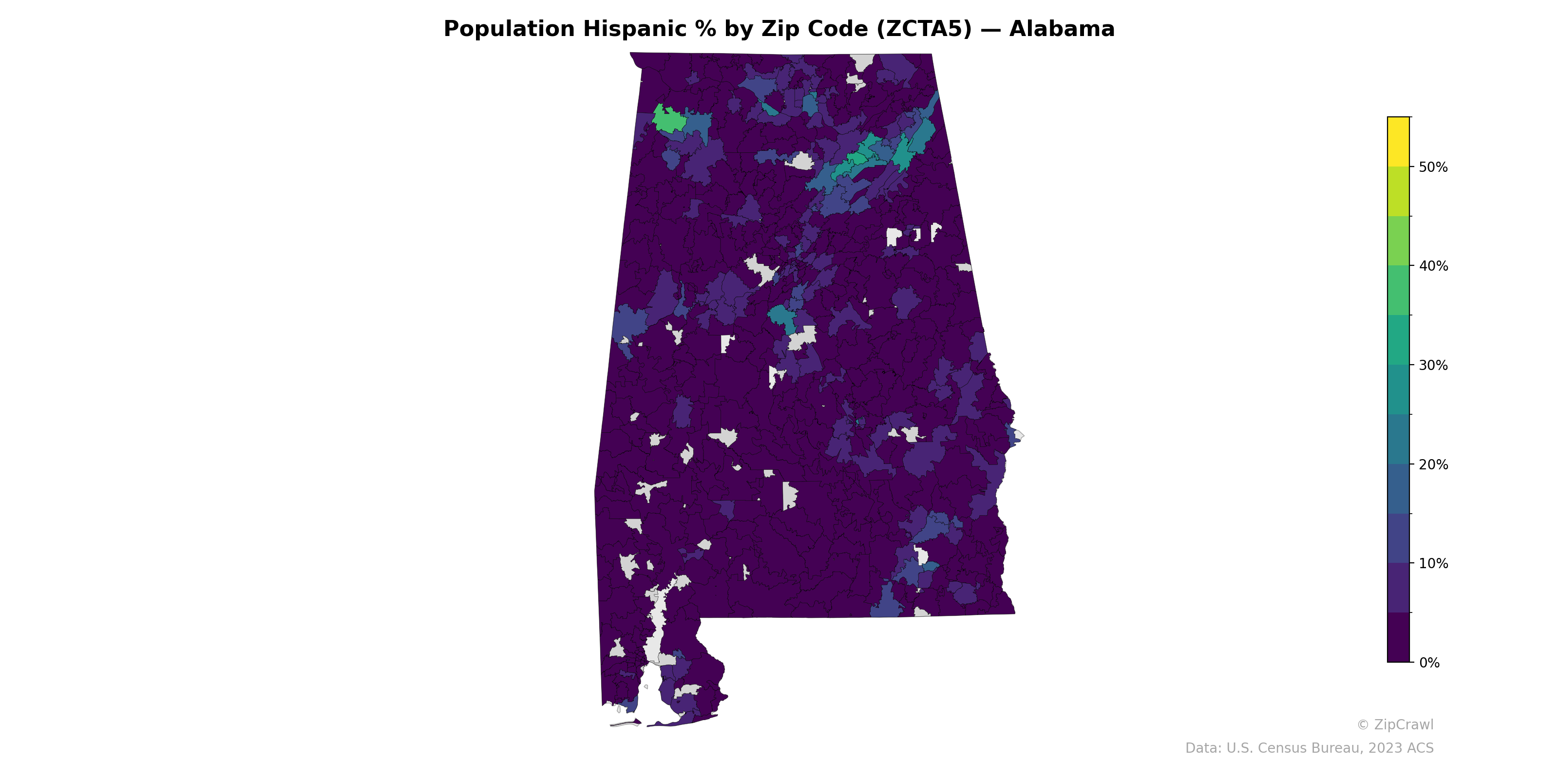 Population Hispanic % by Zip Code (ZCTA5) — Alabama