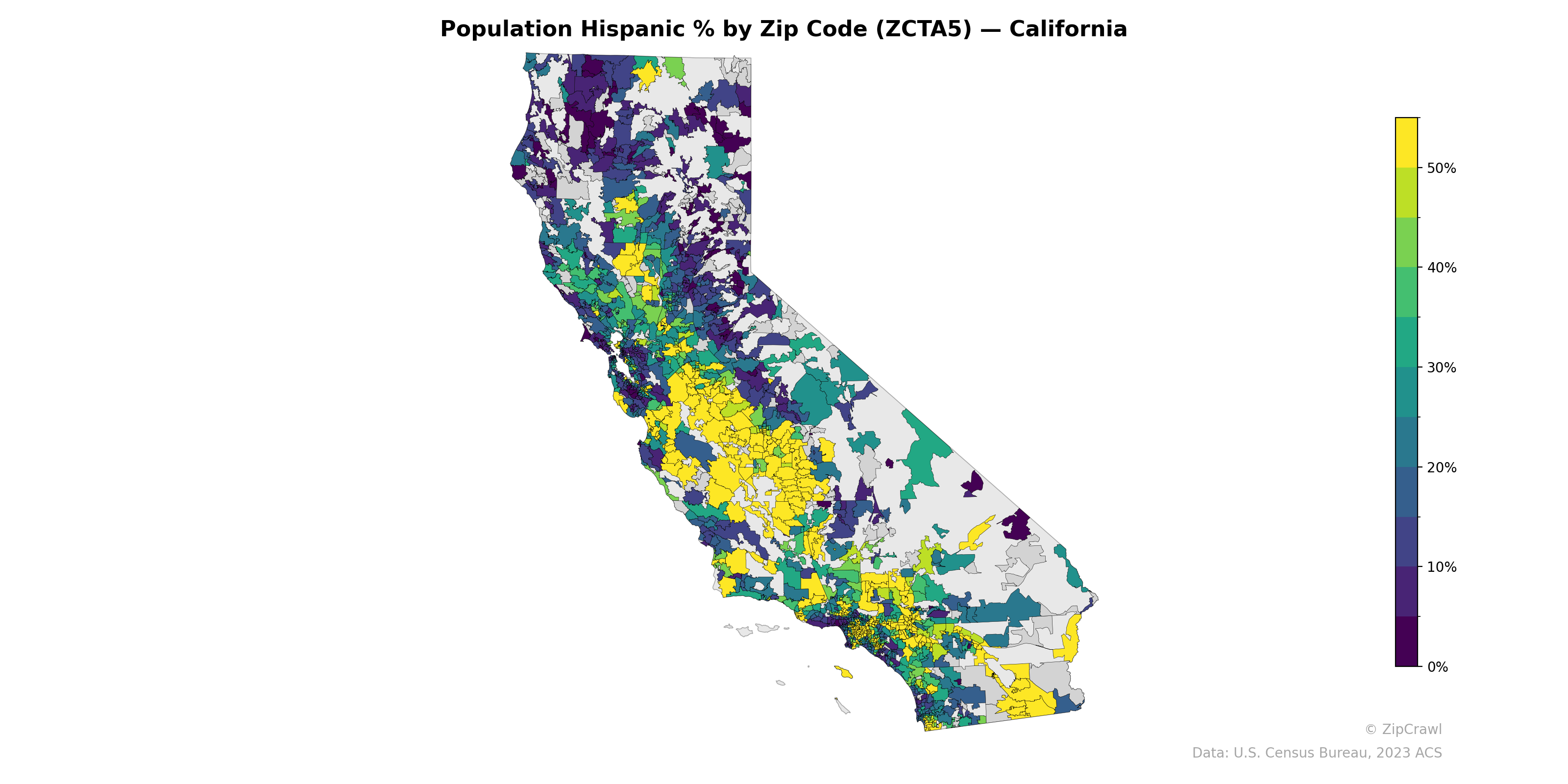 Population Hispanic % by Zip Code (ZCTA5) — California