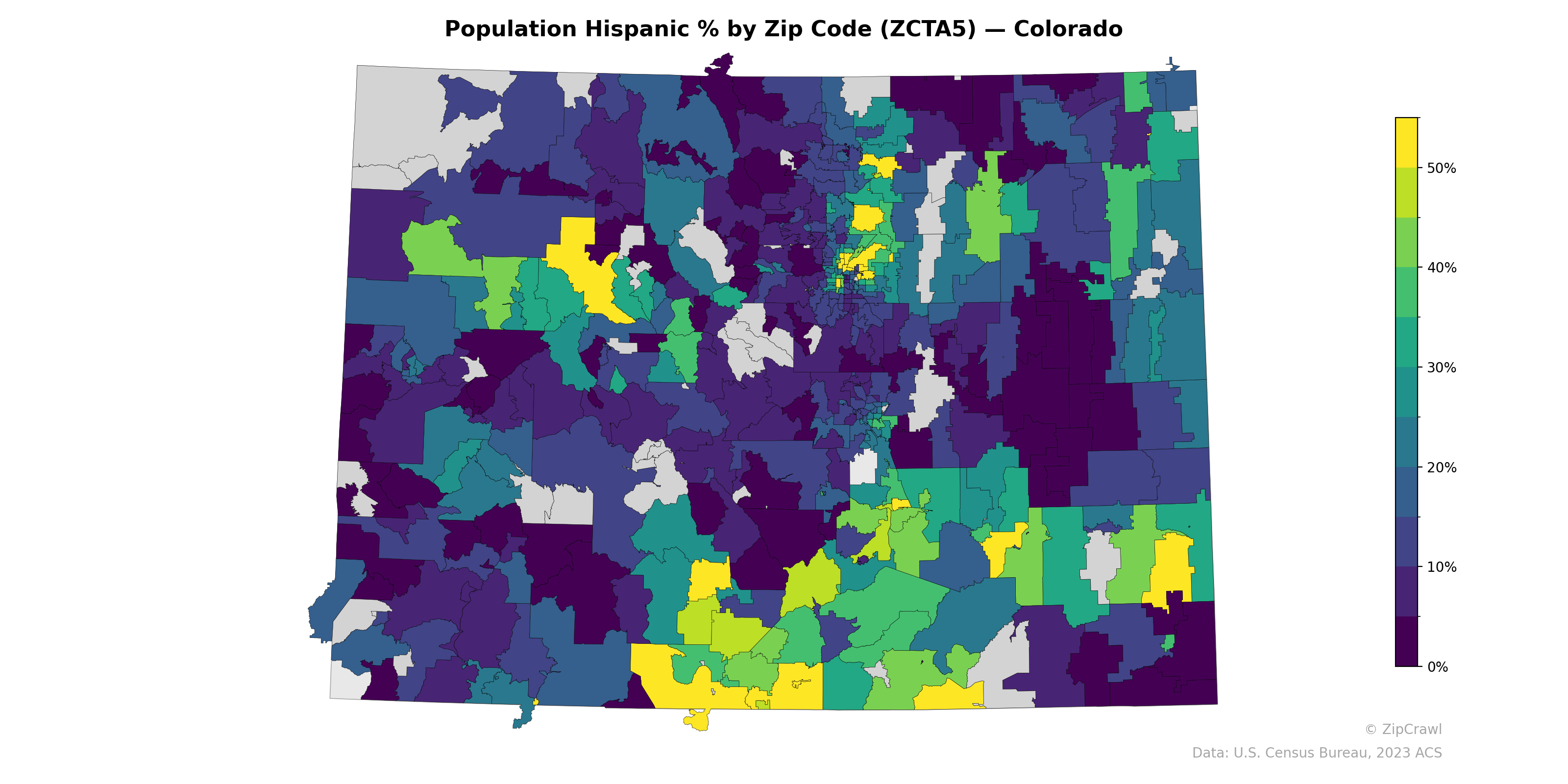 Population Hispanic % by Zip Code (ZCTA5) — Colorado