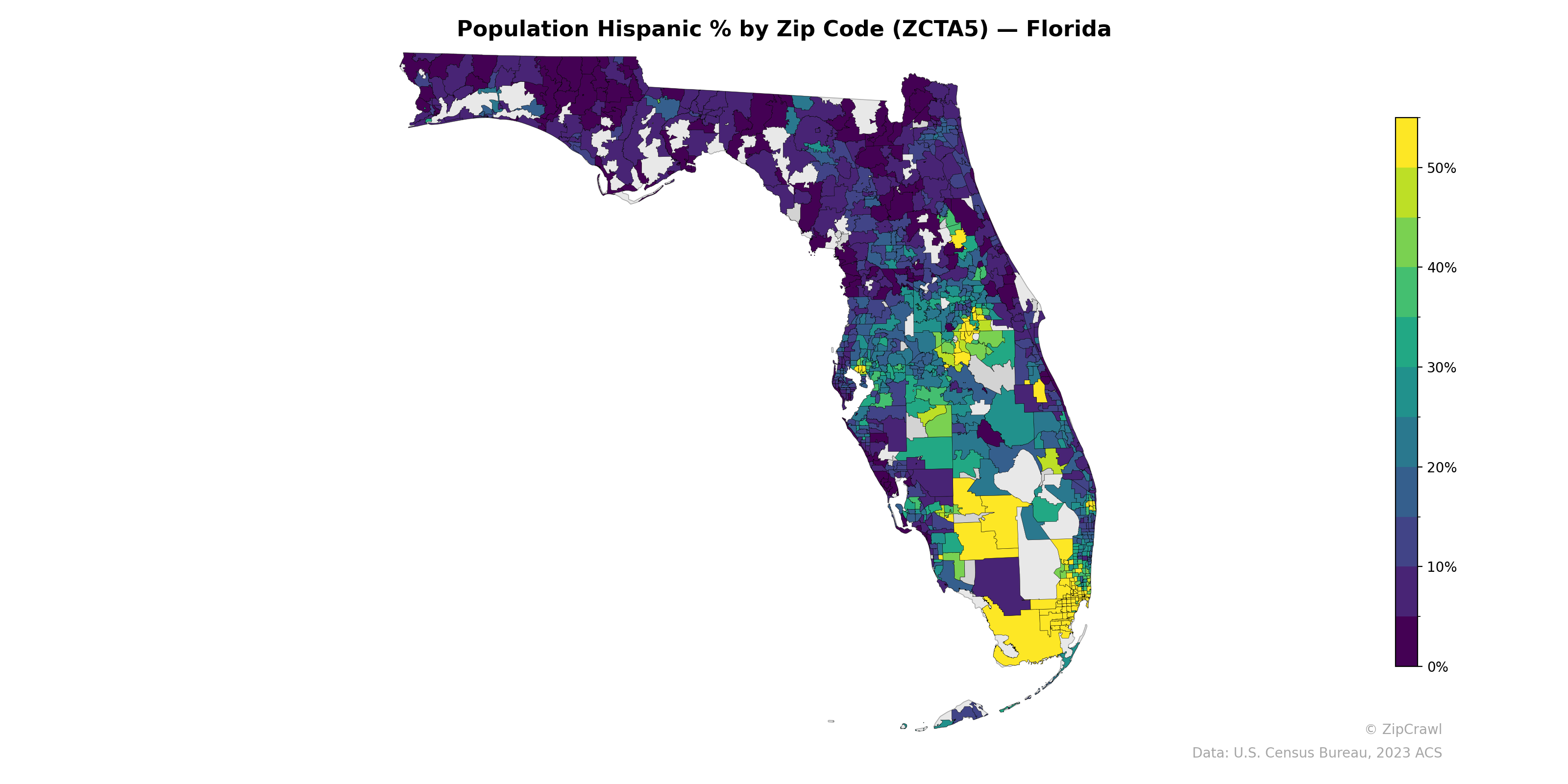 Population Hispanic % by Zip Code (ZCTA5) — Florida