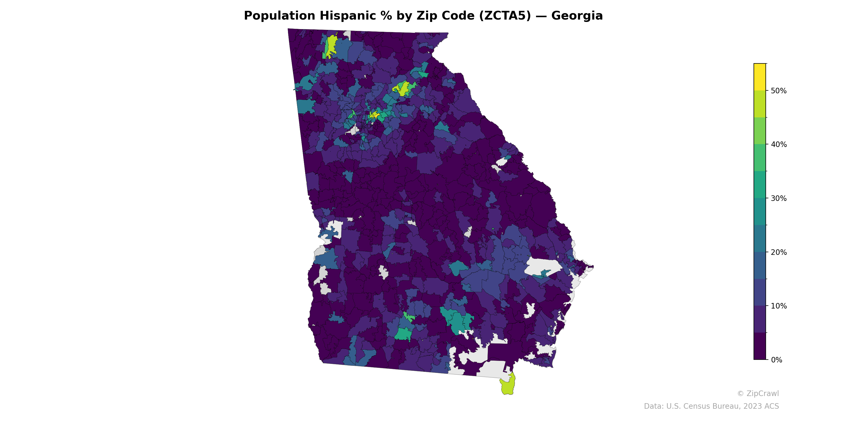 Population Hispanic % by Zip Code (ZCTA5) — Georgia