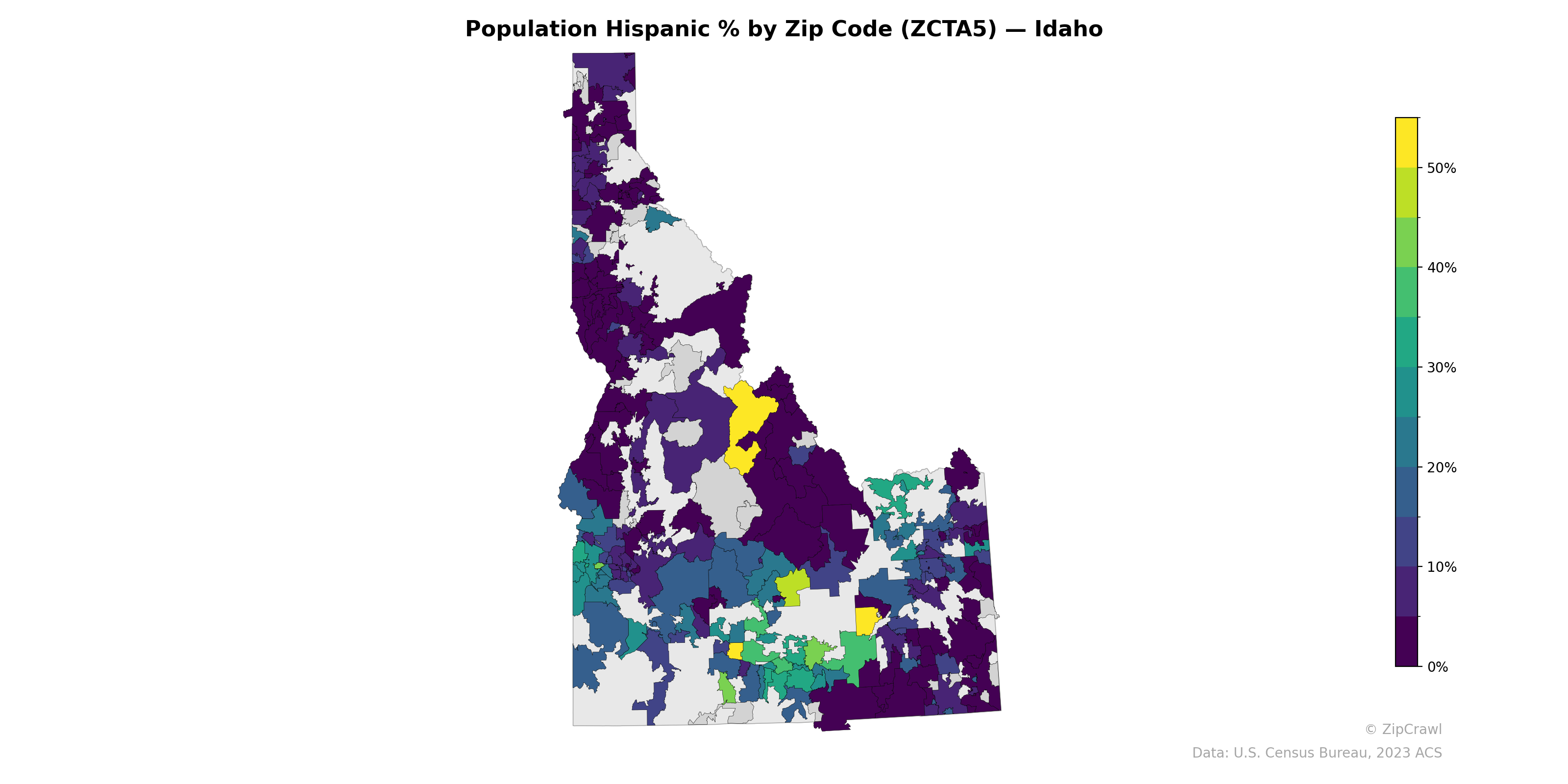 Population Hispanic % by Zip Code (ZCTA5) — Idaho