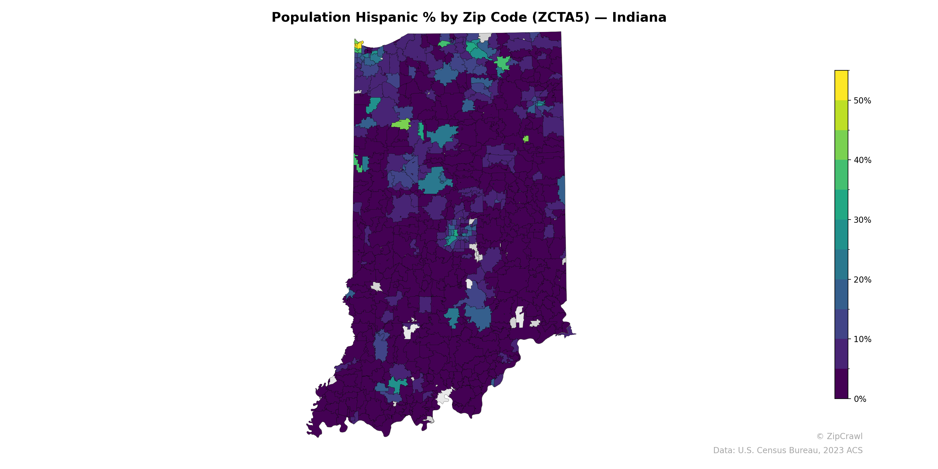Population Hispanic % by Zip Code (ZCTA5) — Indiana