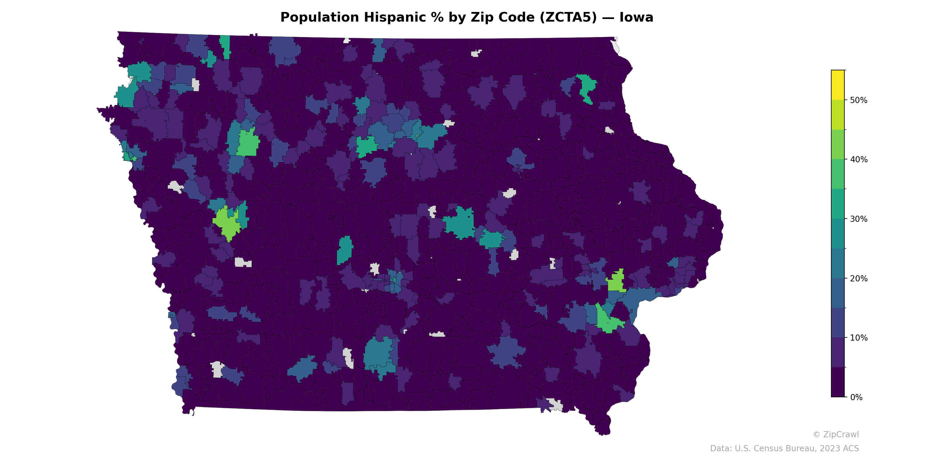 Population Hispanic % by Zip Code (ZCTA5) — Iowa