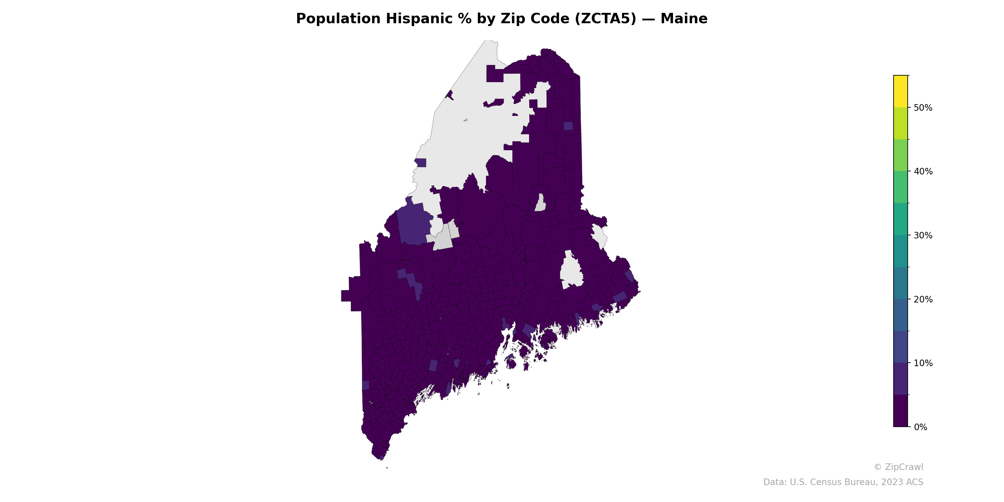 Population Hispanic % by Zip Code (ZCTA5) — Maine