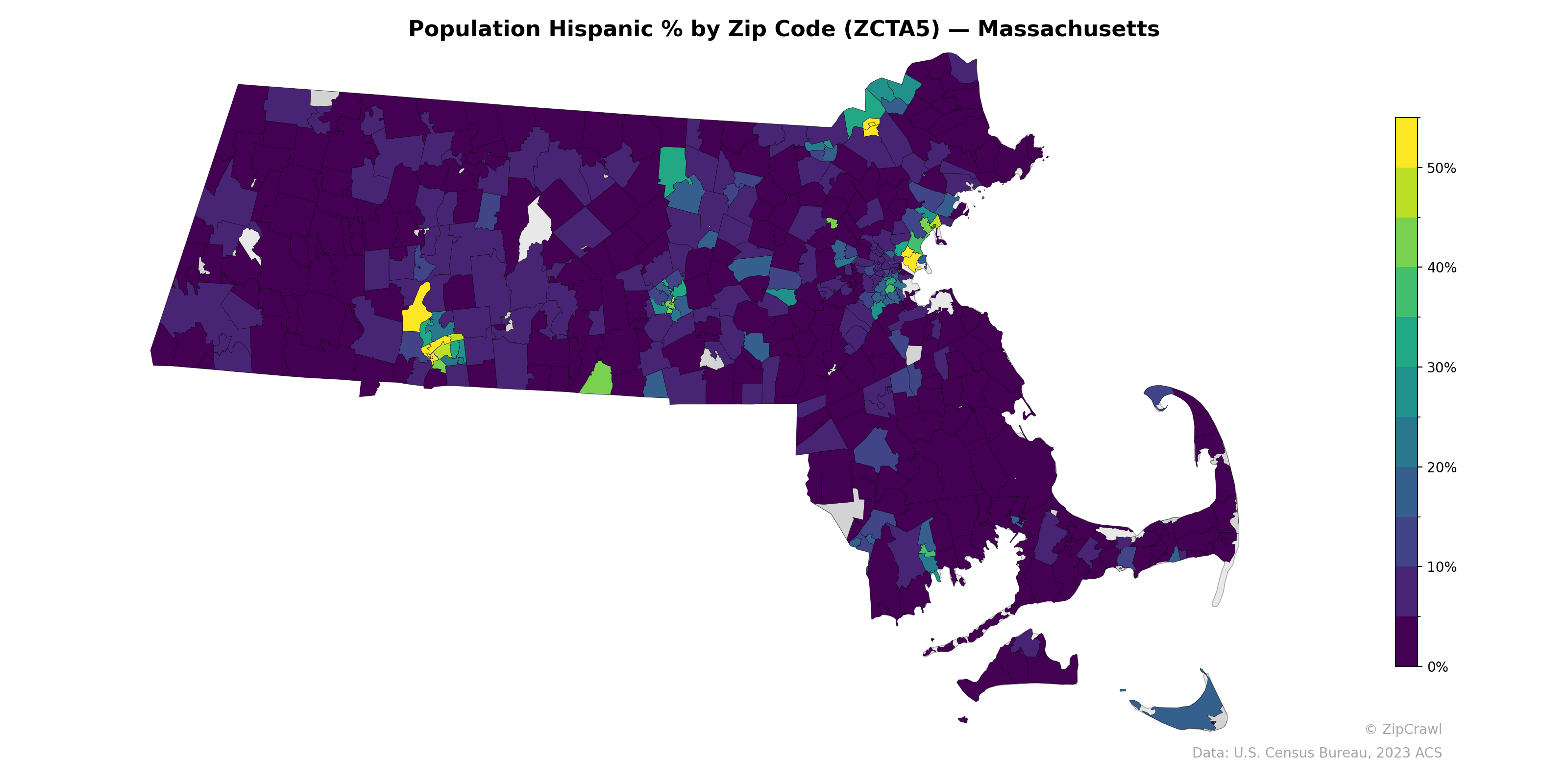 Population Hispanic % by Zip Code (ZCTA5) — Massachusetts