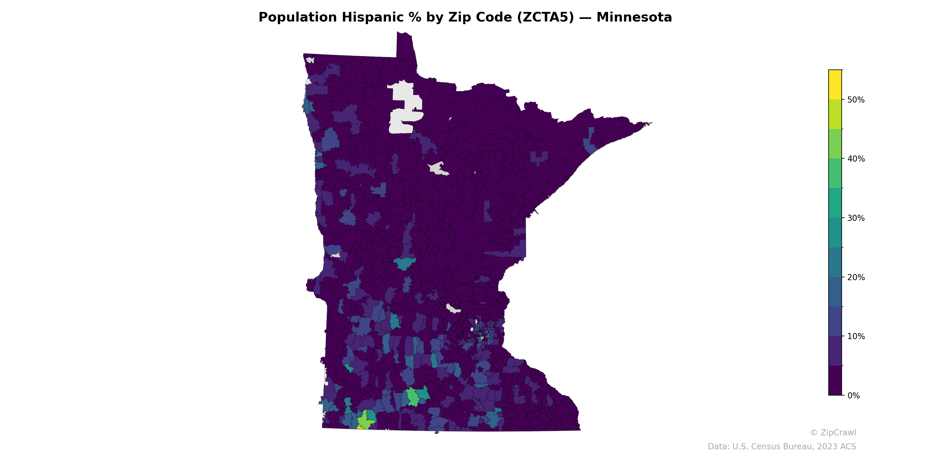 Population Hispanic % by Zip Code (ZCTA5) — Minnesota