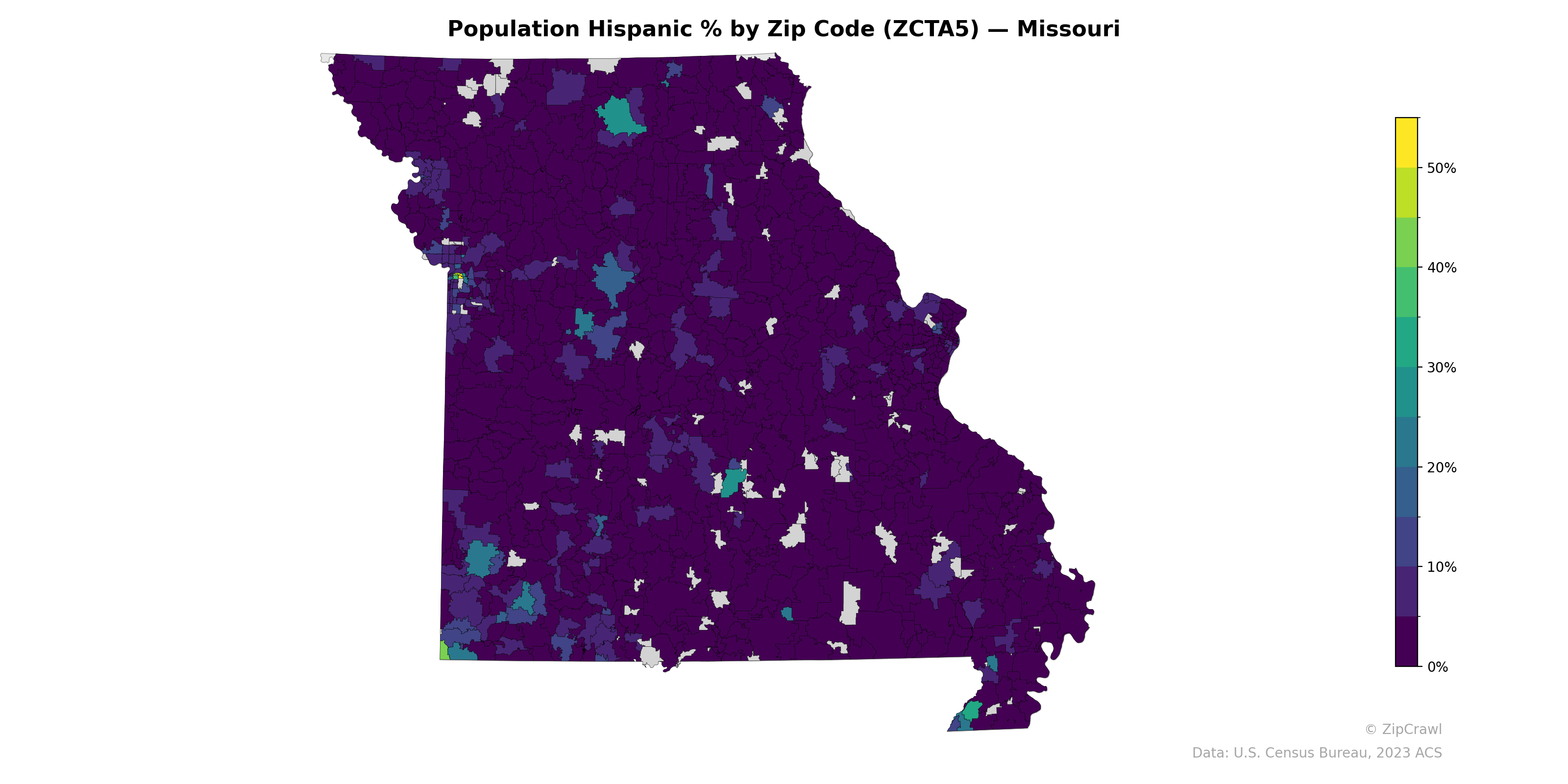Population Hispanic % by Zip Code (ZCTA5) — Missouri