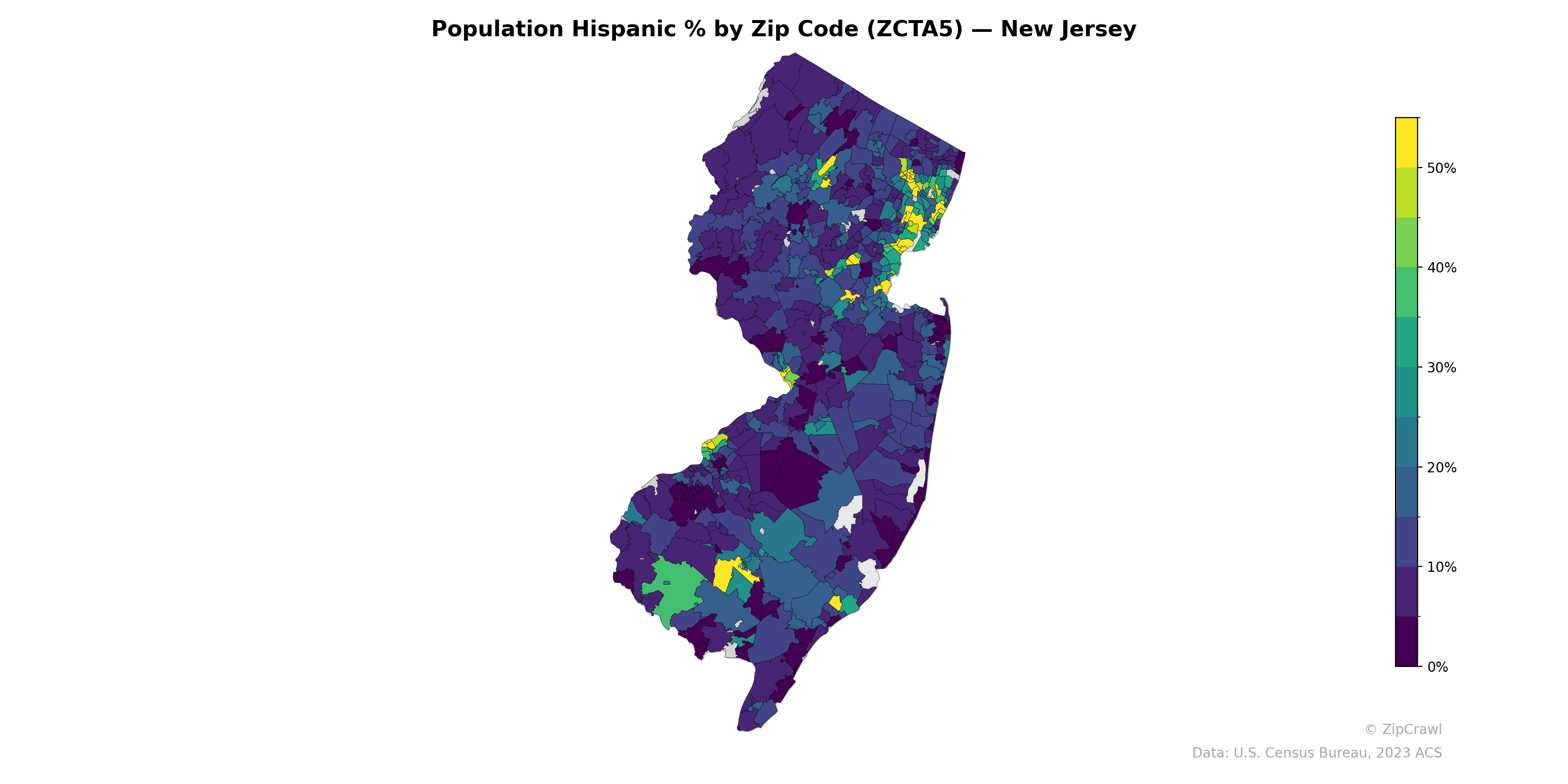 Population Hispanic % by Zip Code (ZCTA5) — New Jersey