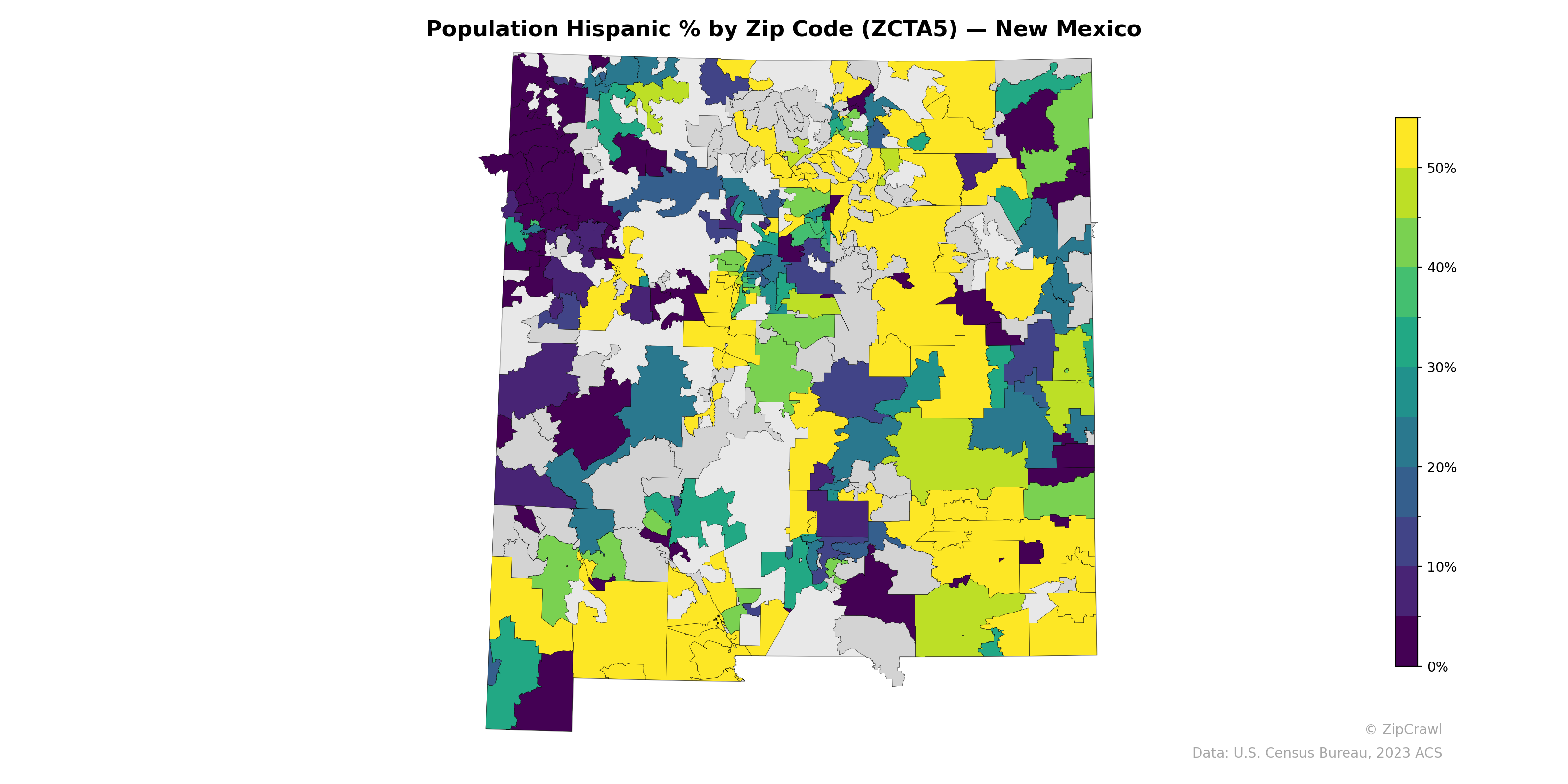 Population Hispanic % by Zip Code (ZCTA5) — New Mexico