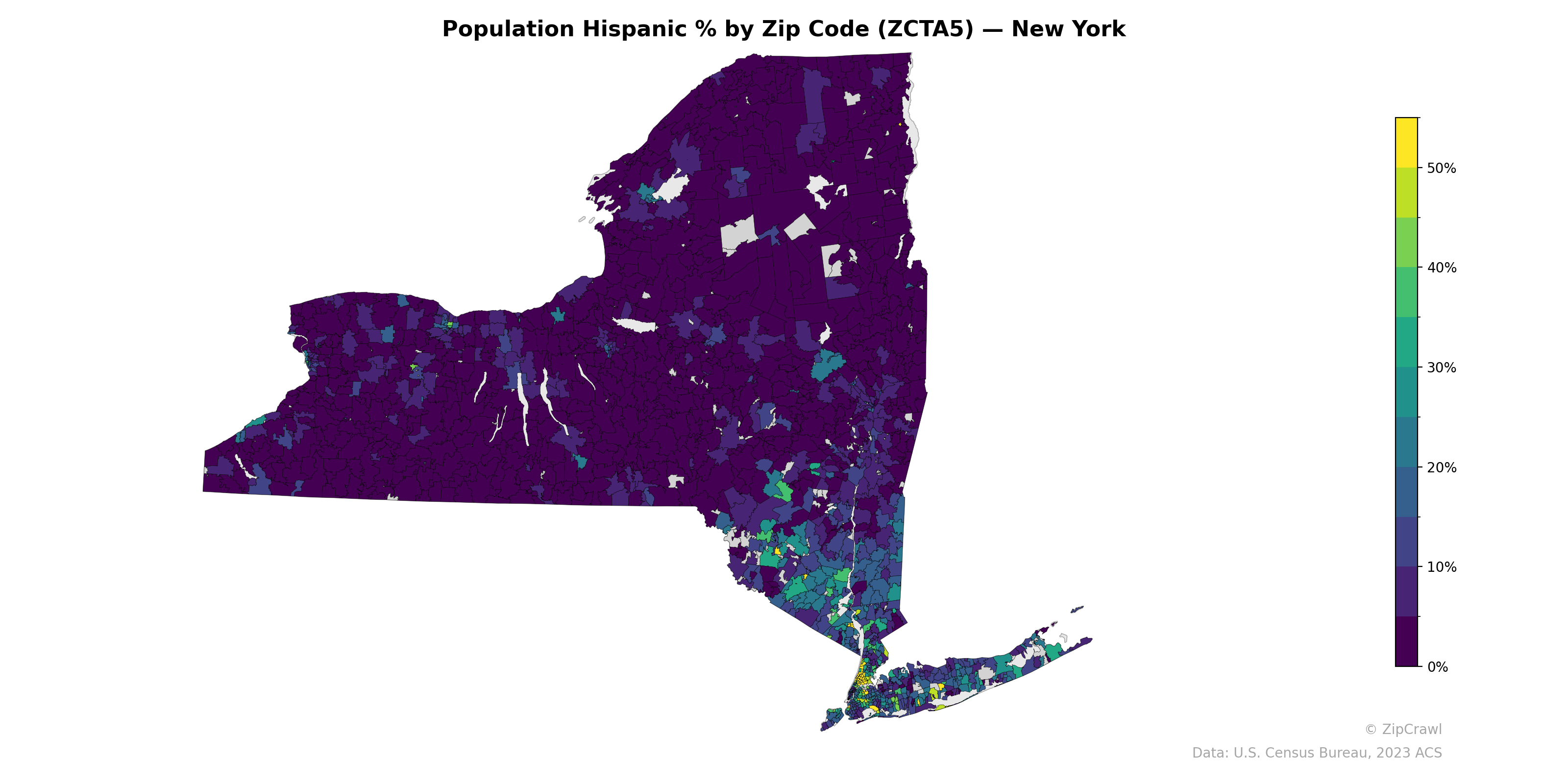 Population Hispanic % by Zip Code (ZCTA5) — New York