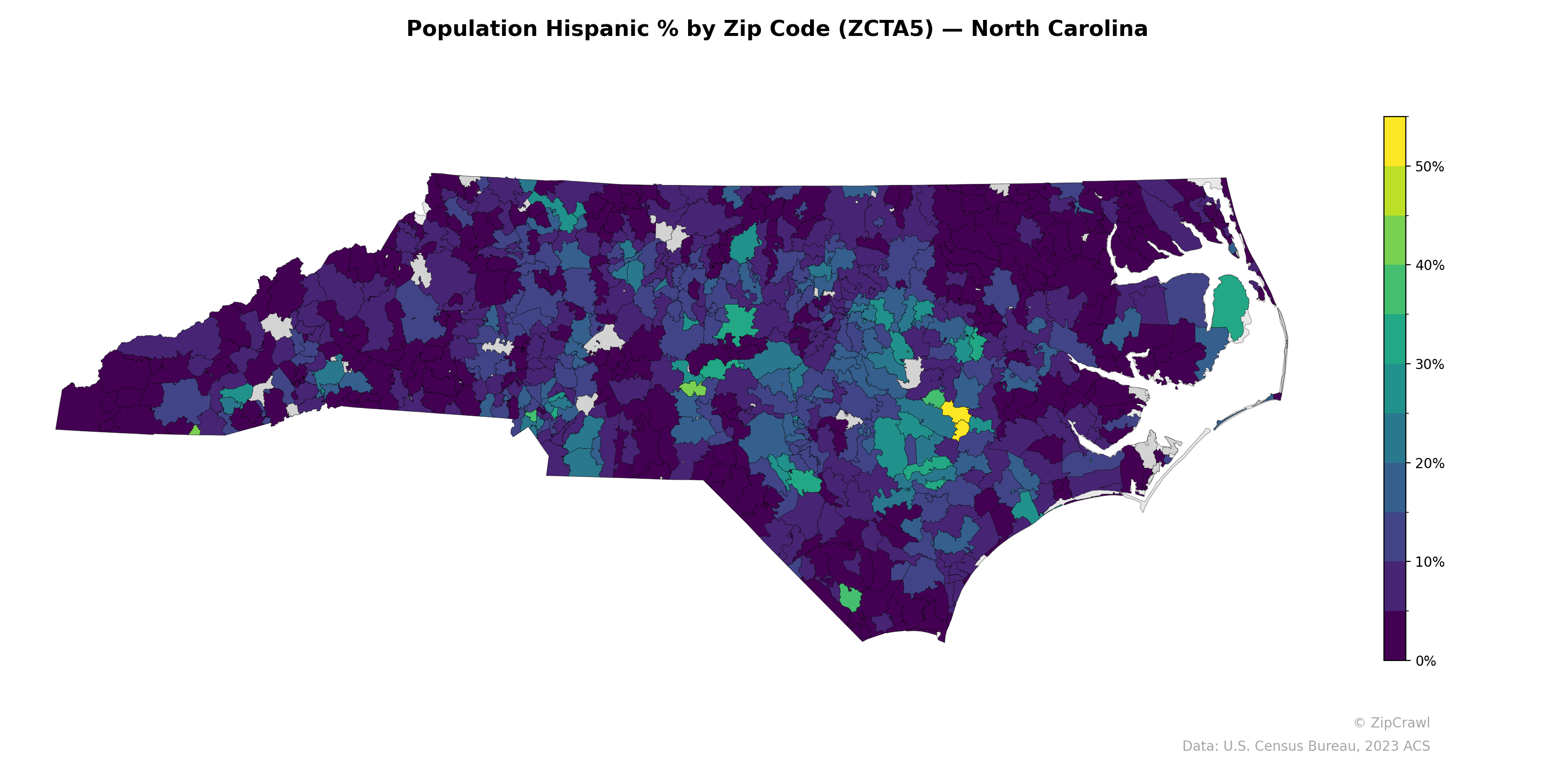 Population Hispanic % by Zip Code (ZCTA5) — North Carolina