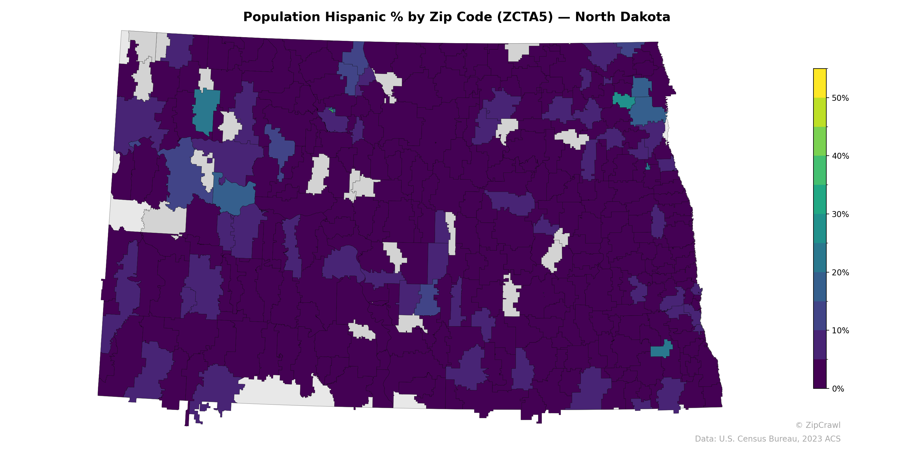 Population Hispanic % by Zip Code (ZCTA5) — North Dakota
