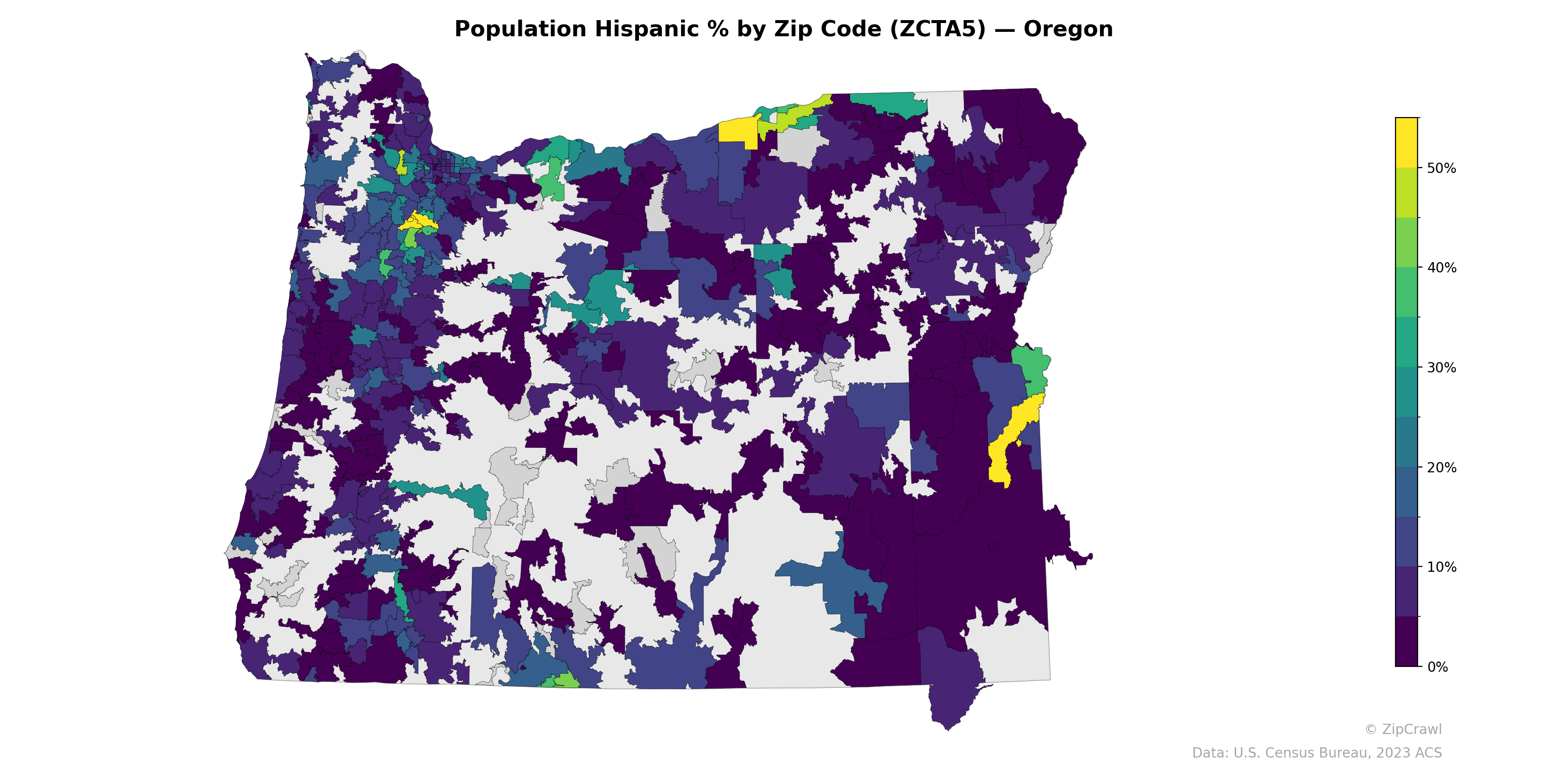 Population Hispanic % by Zip Code (ZCTA5) — Oregon