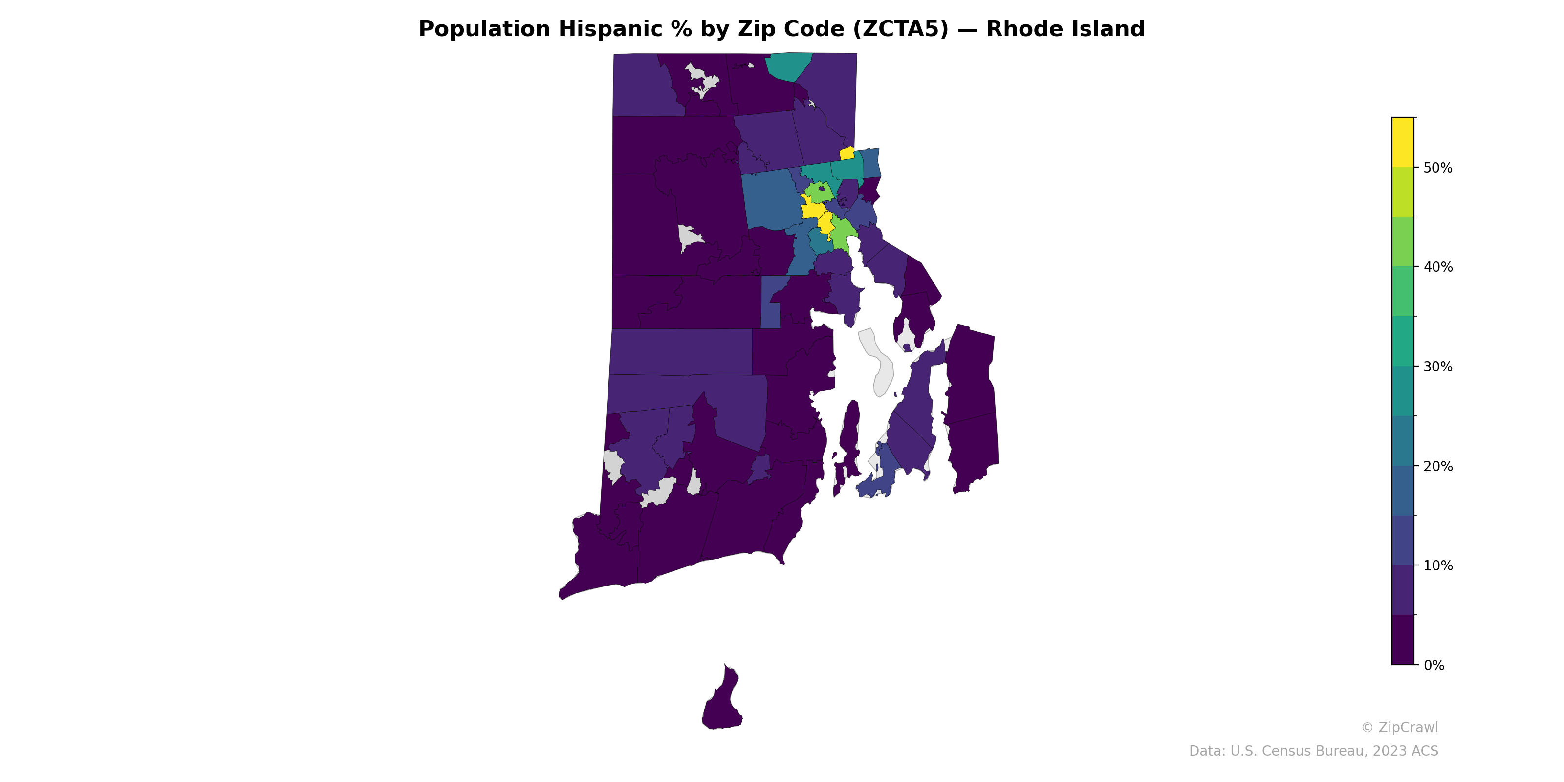 Population Hispanic % by Zip Code (ZCTA5) — Rhode Island
