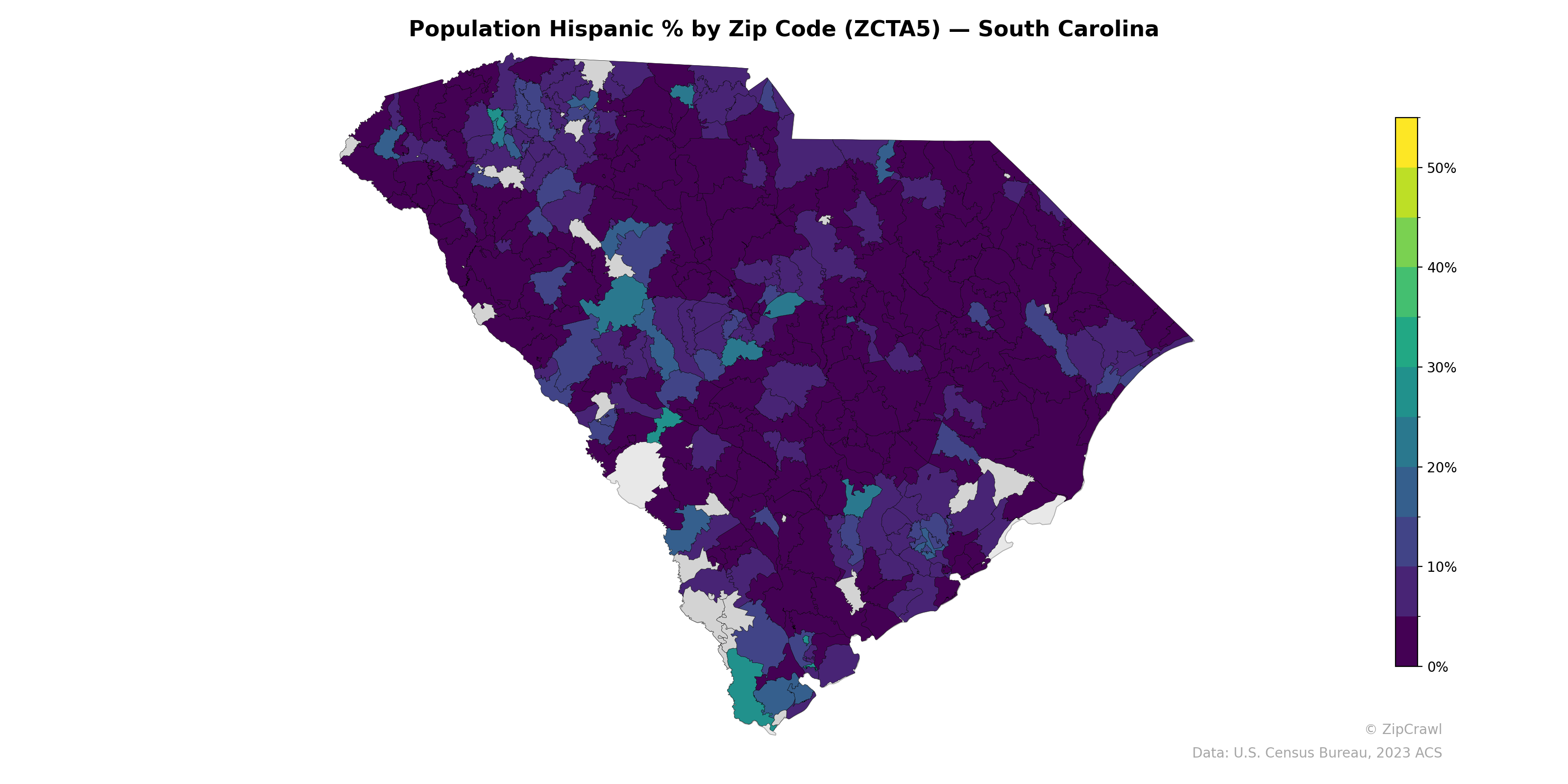 Population Hispanic % by Zip Code (ZCTA5) — South Carolina
