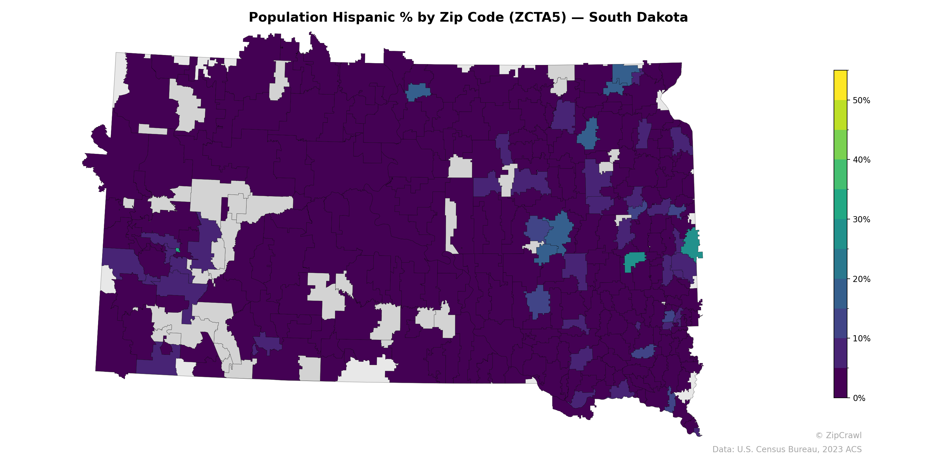 Population Hispanic % by Zip Code (ZCTA5) — South Dakota