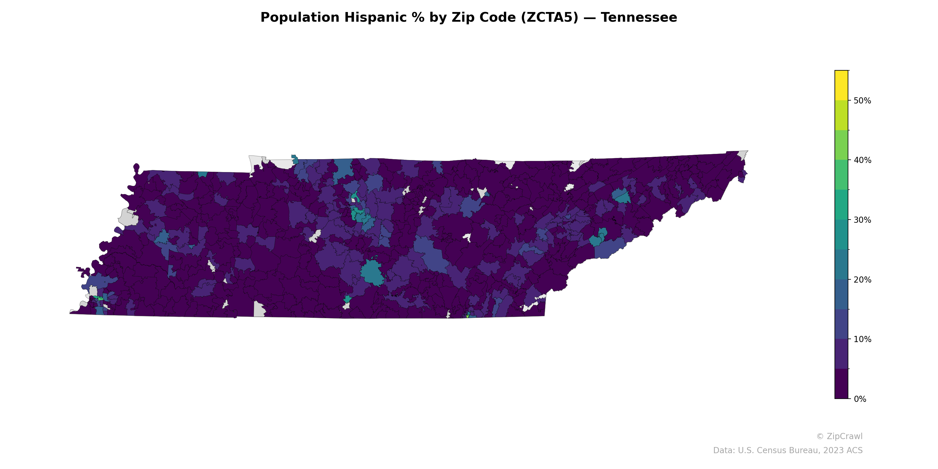 Population Hispanic % by Zip Code (ZCTA5) — Tennessee