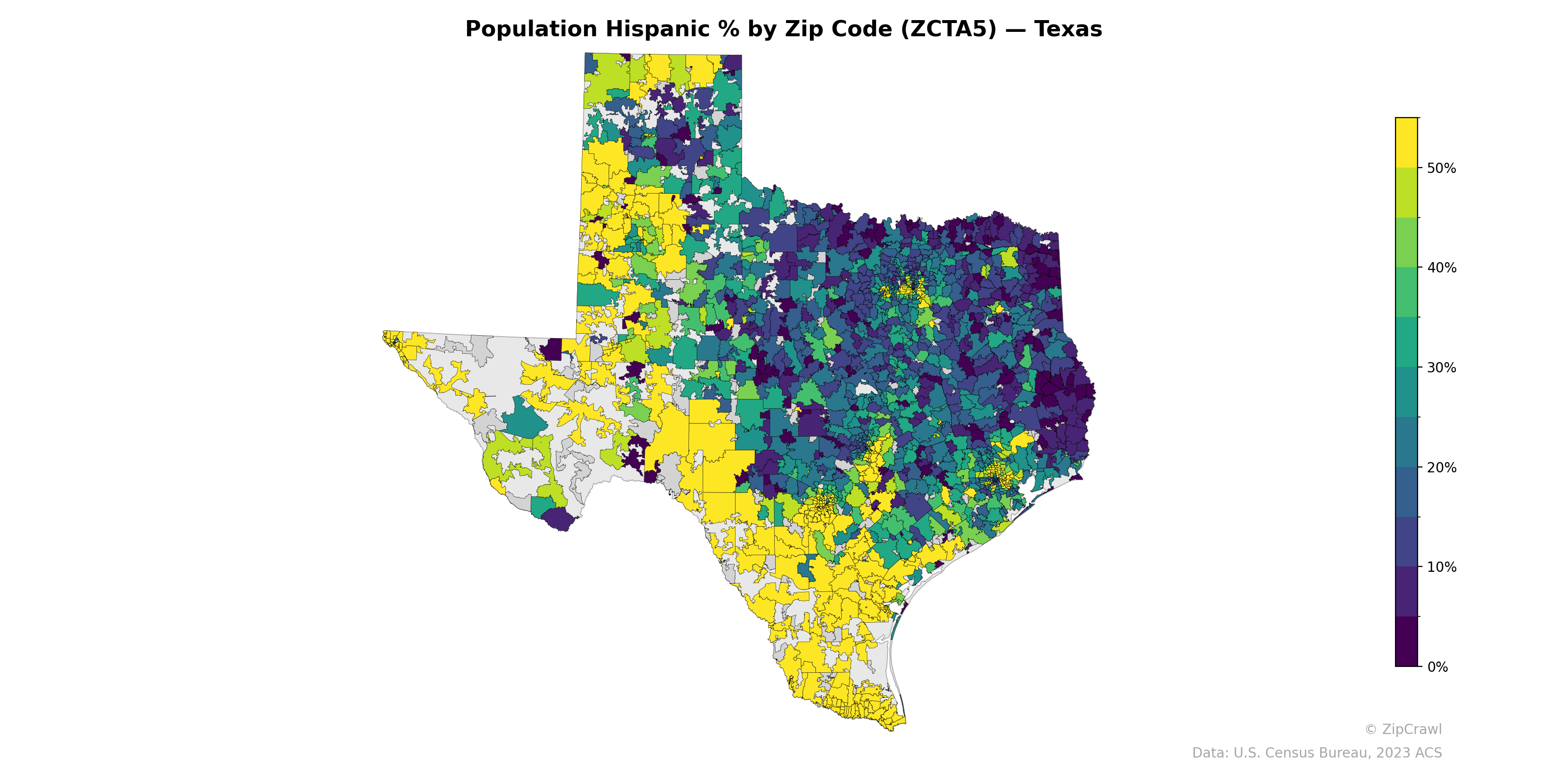 Population Hispanic % by Zip Code (ZCTA5) — Texas