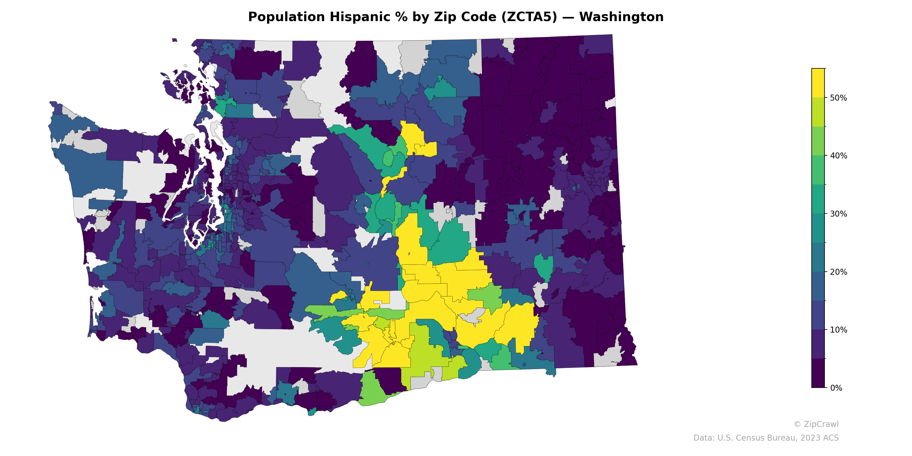 Population Hispanic % by Zip Code (ZCTA5) — Washington