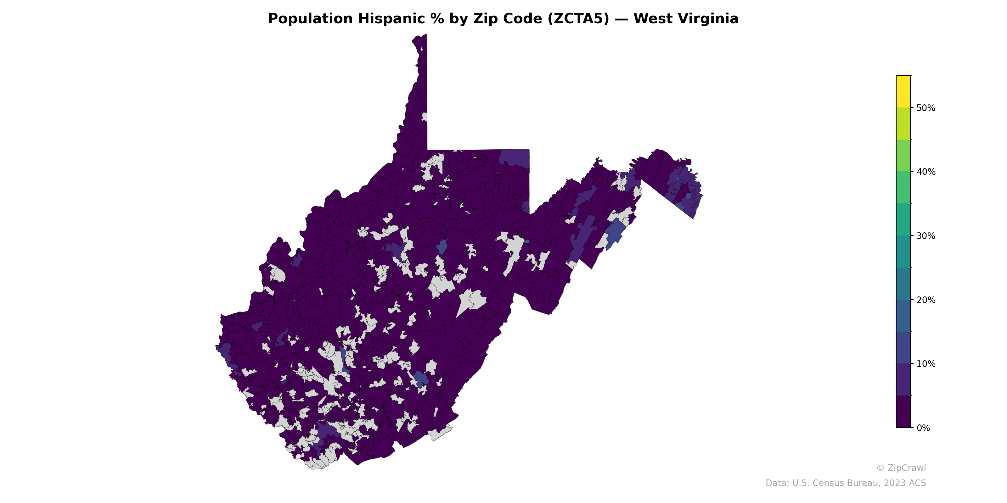 Population Hispanic % by Zip Code (ZCTA5) — West Virginia