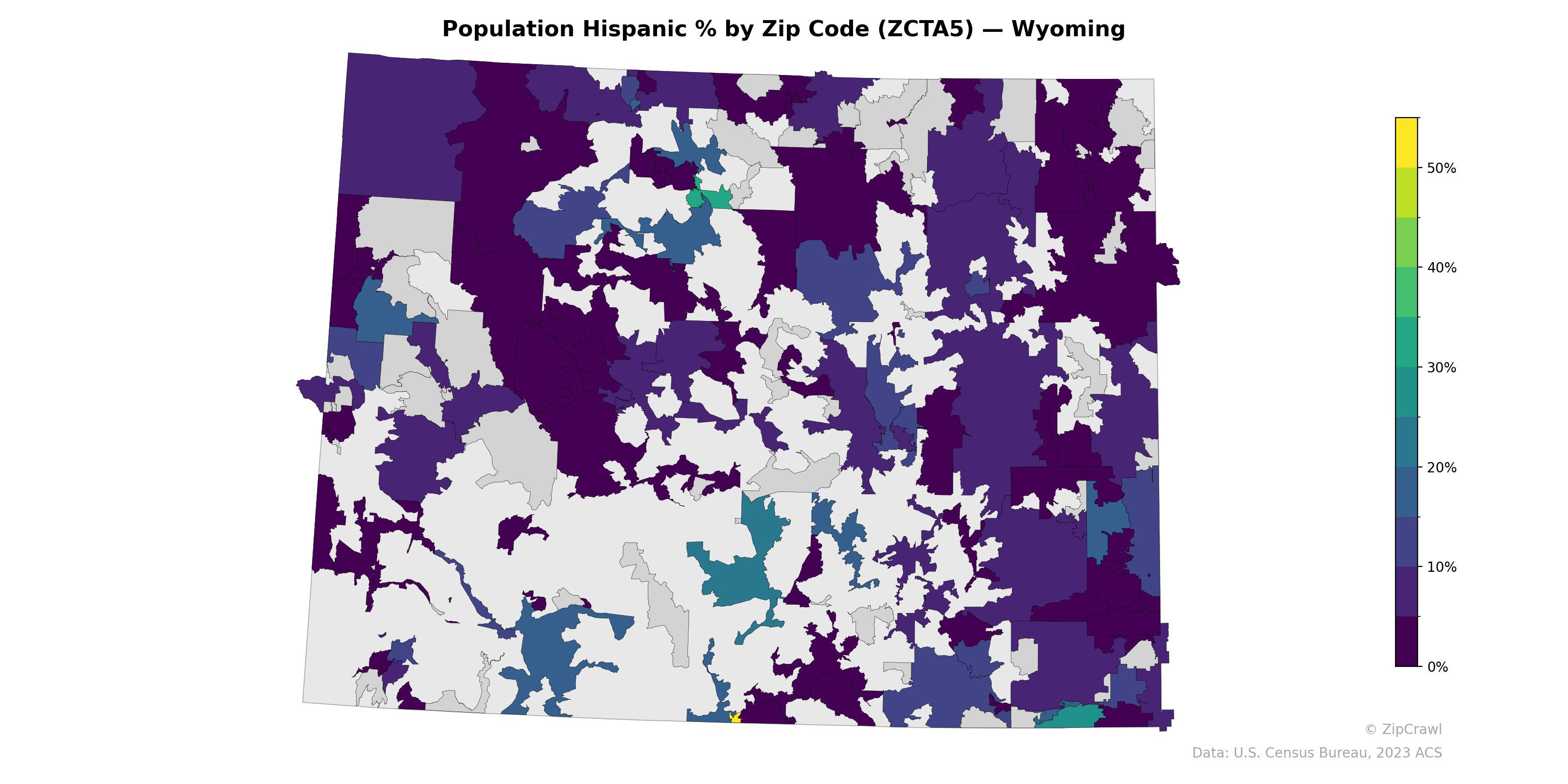 Population Hispanic % by Zip Code (ZCTA5) — Wyoming