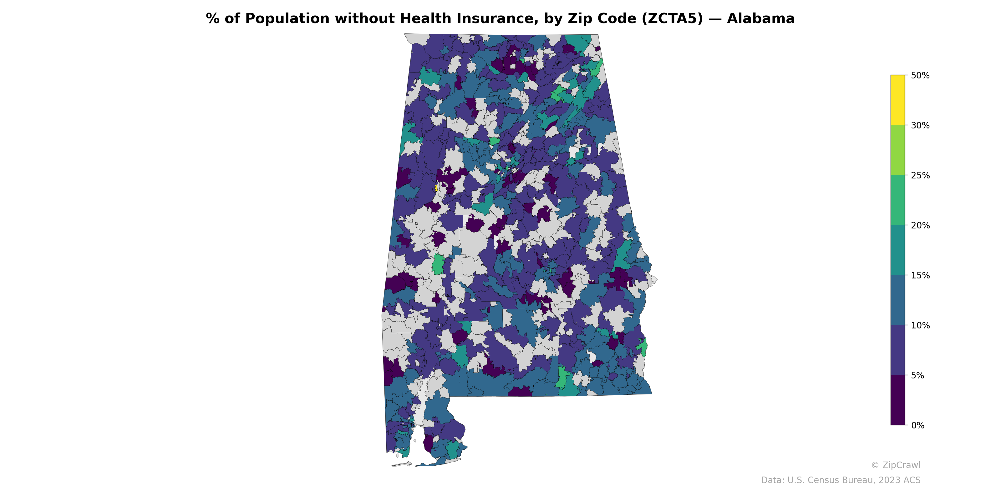 % of Population without Health Insurance, by Zip Code (ZCTA5) — Alabama