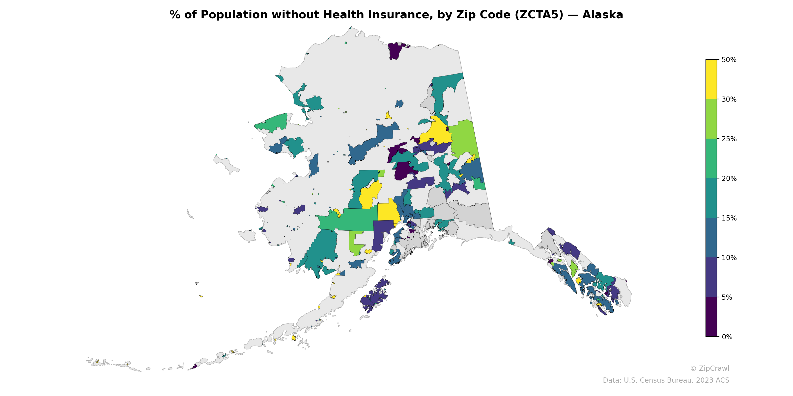% of Population without Health Insurance, by Zip Code (ZCTA5) — Alaska