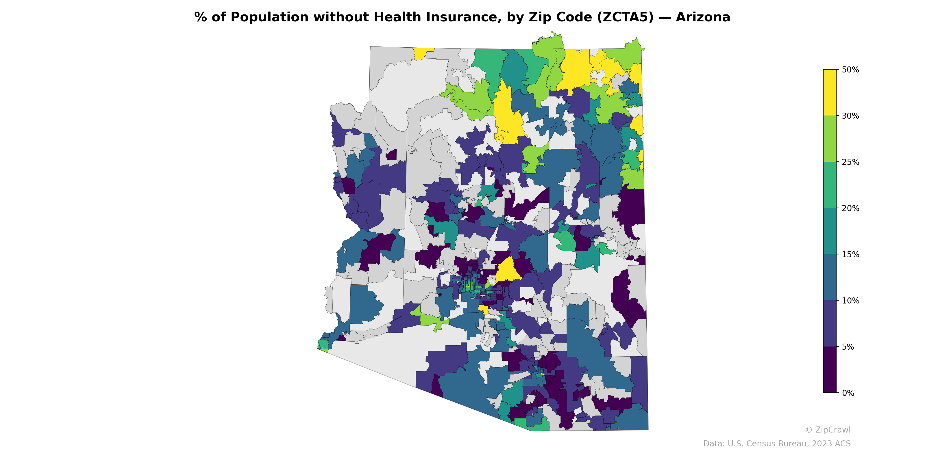 % of Population without Health Insurance, by Zip Code (ZCTA5) — Arizona