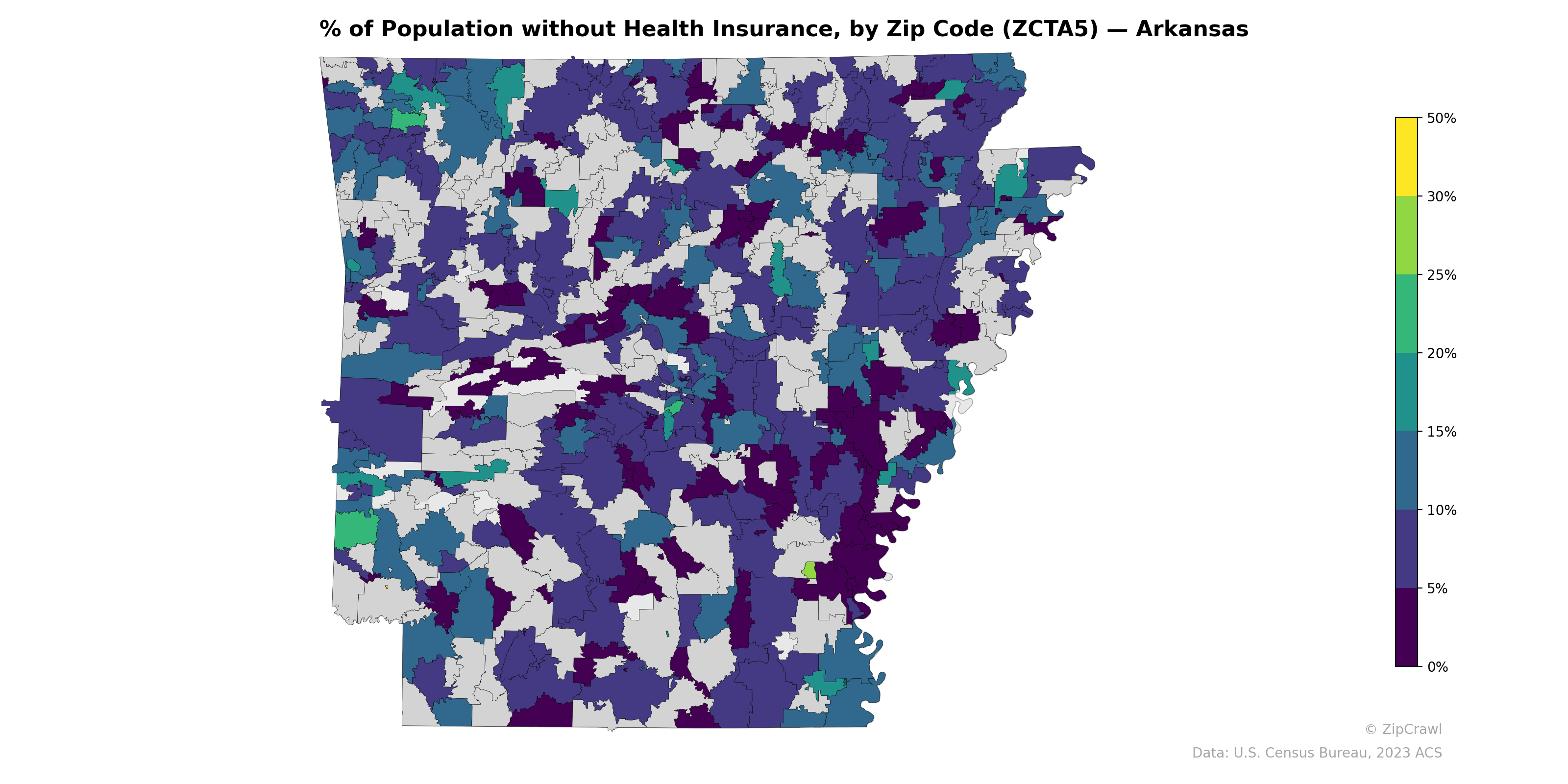 % of Population without Health Insurance, by Zip Code (ZCTA5) — Arkansas