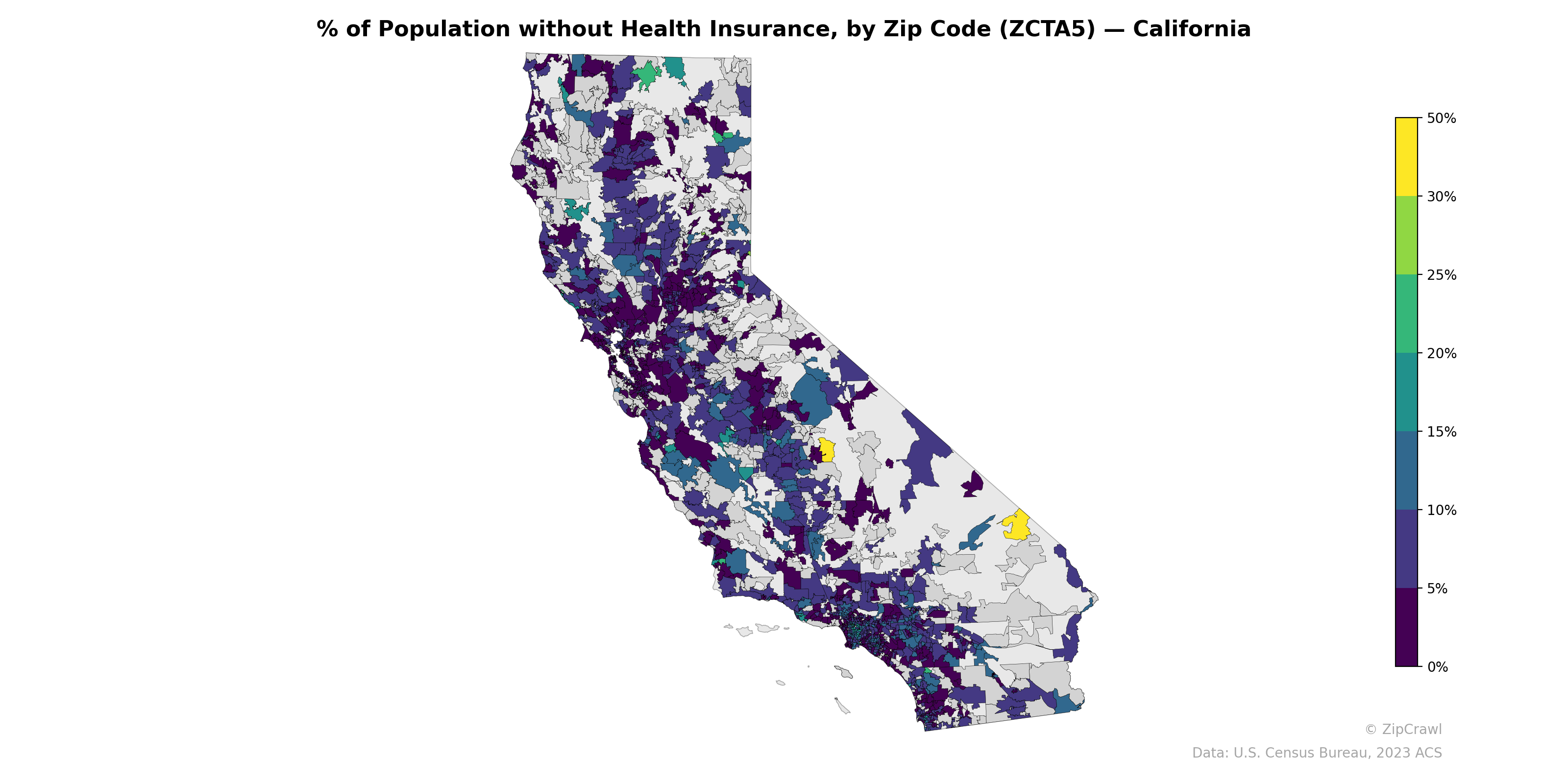 % of Population without Health Insurance, by Zip Code (ZCTA5) — California