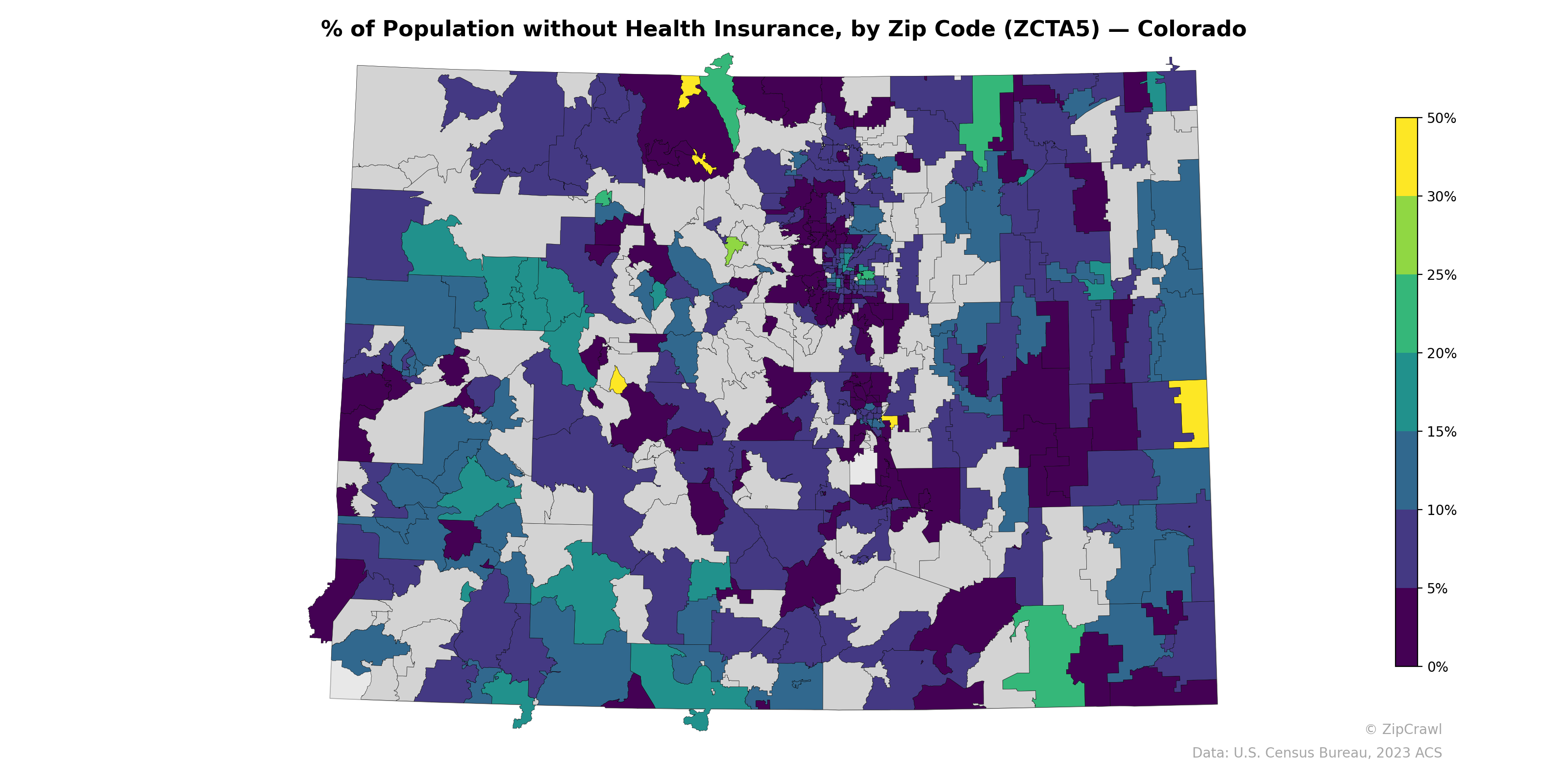 % of Population without Health Insurance, by Zip Code (ZCTA5) — Colorado