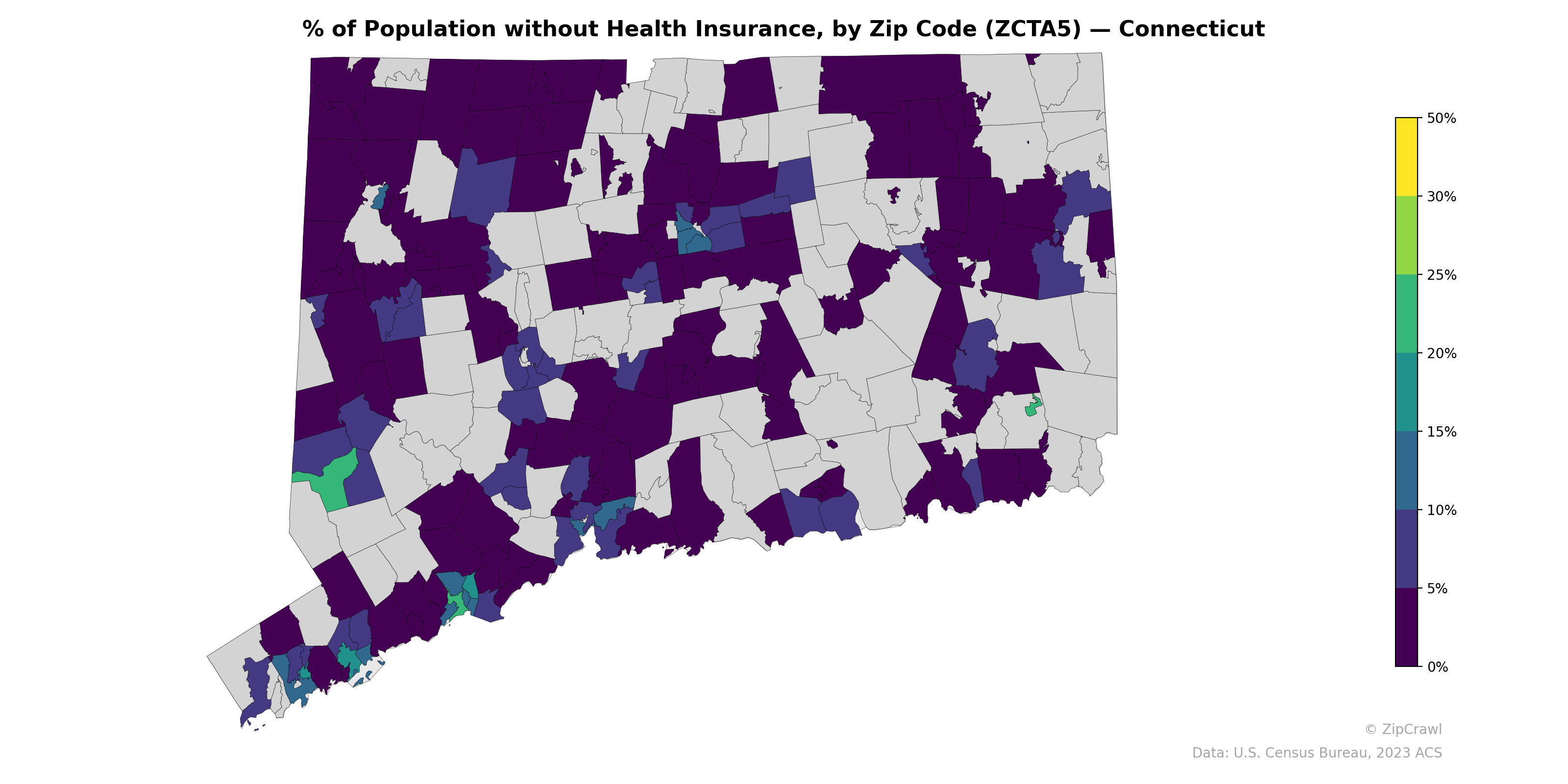 % of Population without Health Insurance, by Zip Code (ZCTA5) — Connecticut