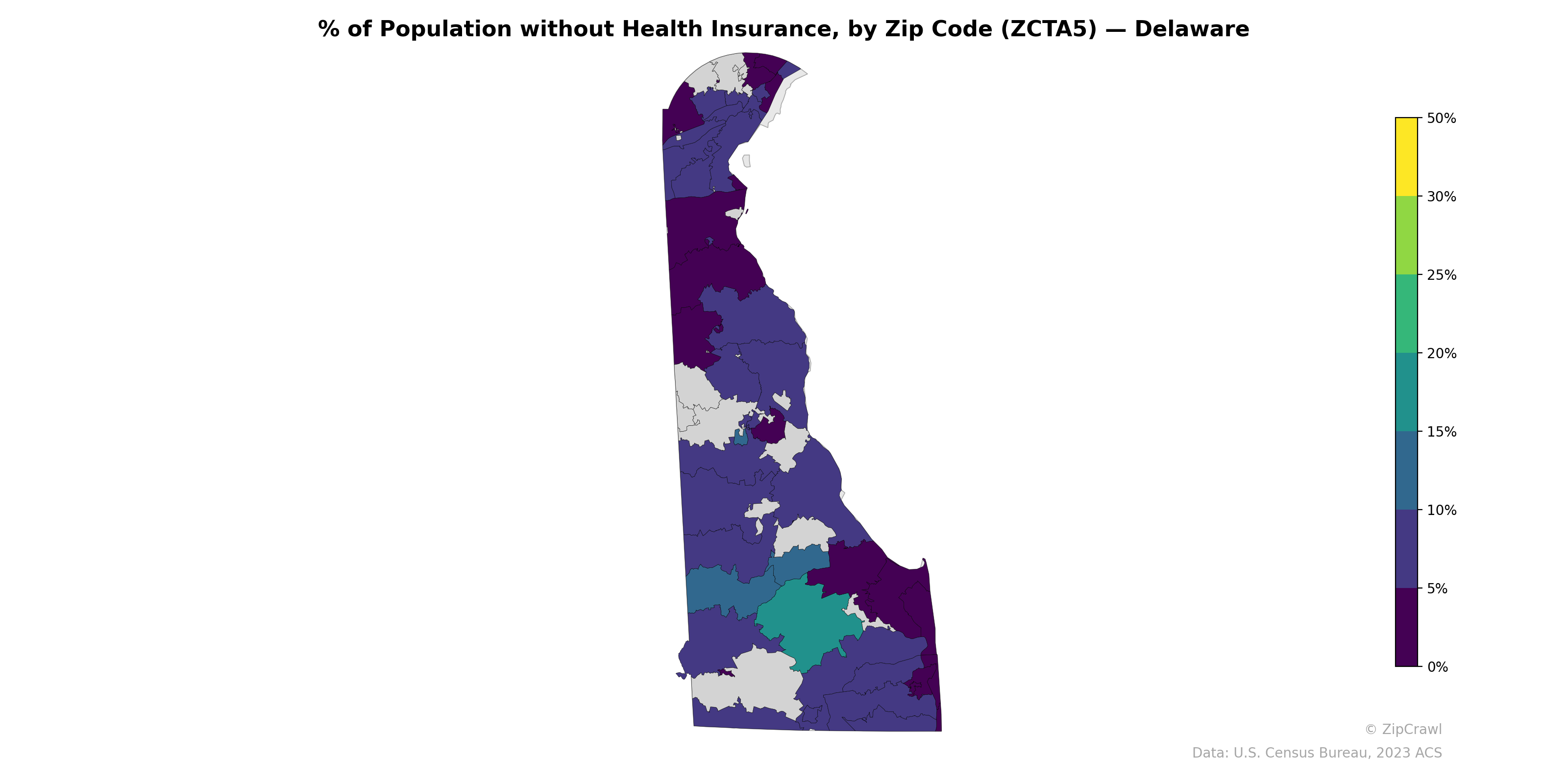 % of Population without Health Insurance, by Zip Code (ZCTA5) — Delaware
