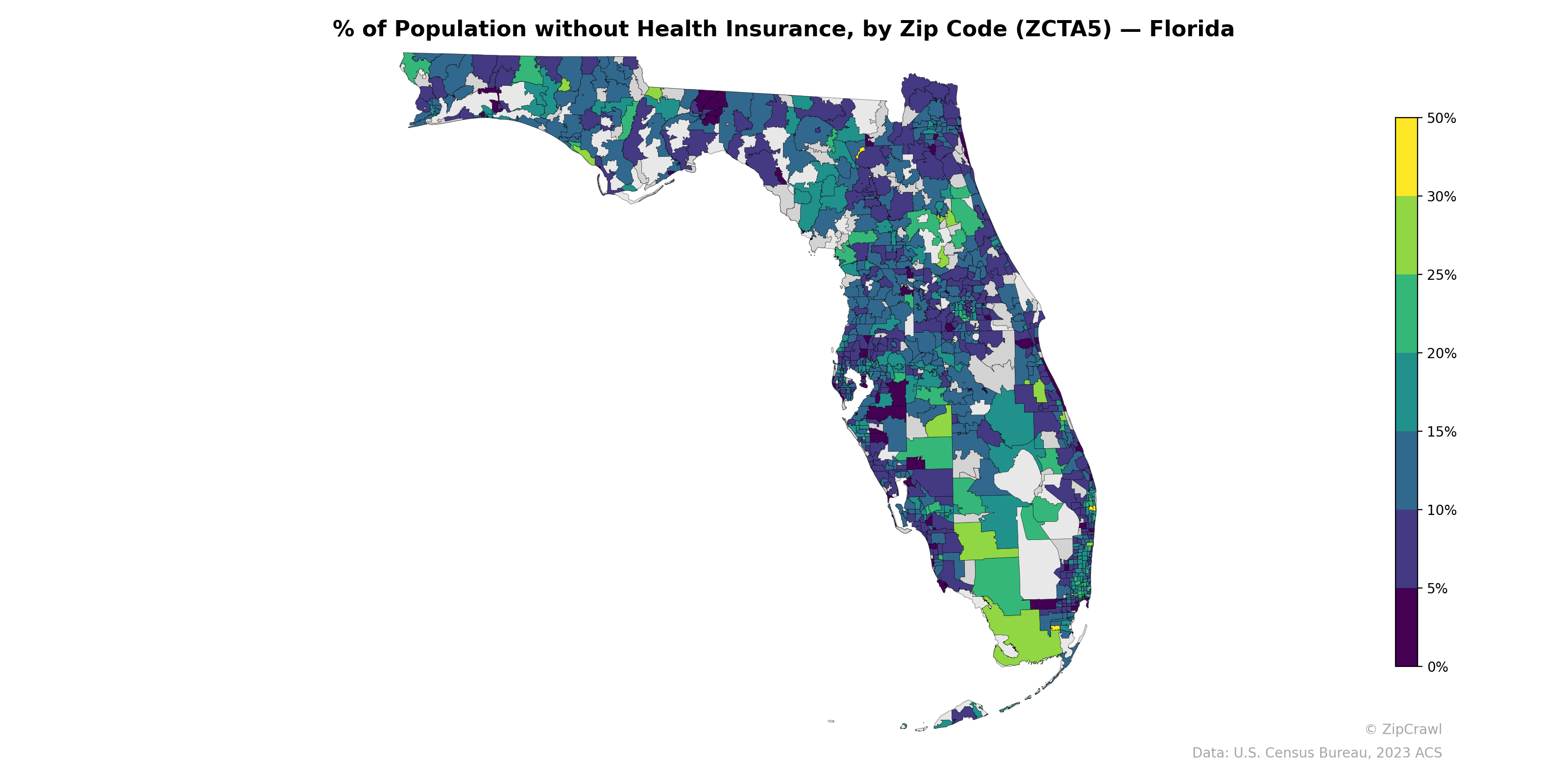 % of Population without Health Insurance, by Zip Code (ZCTA5) — Florida