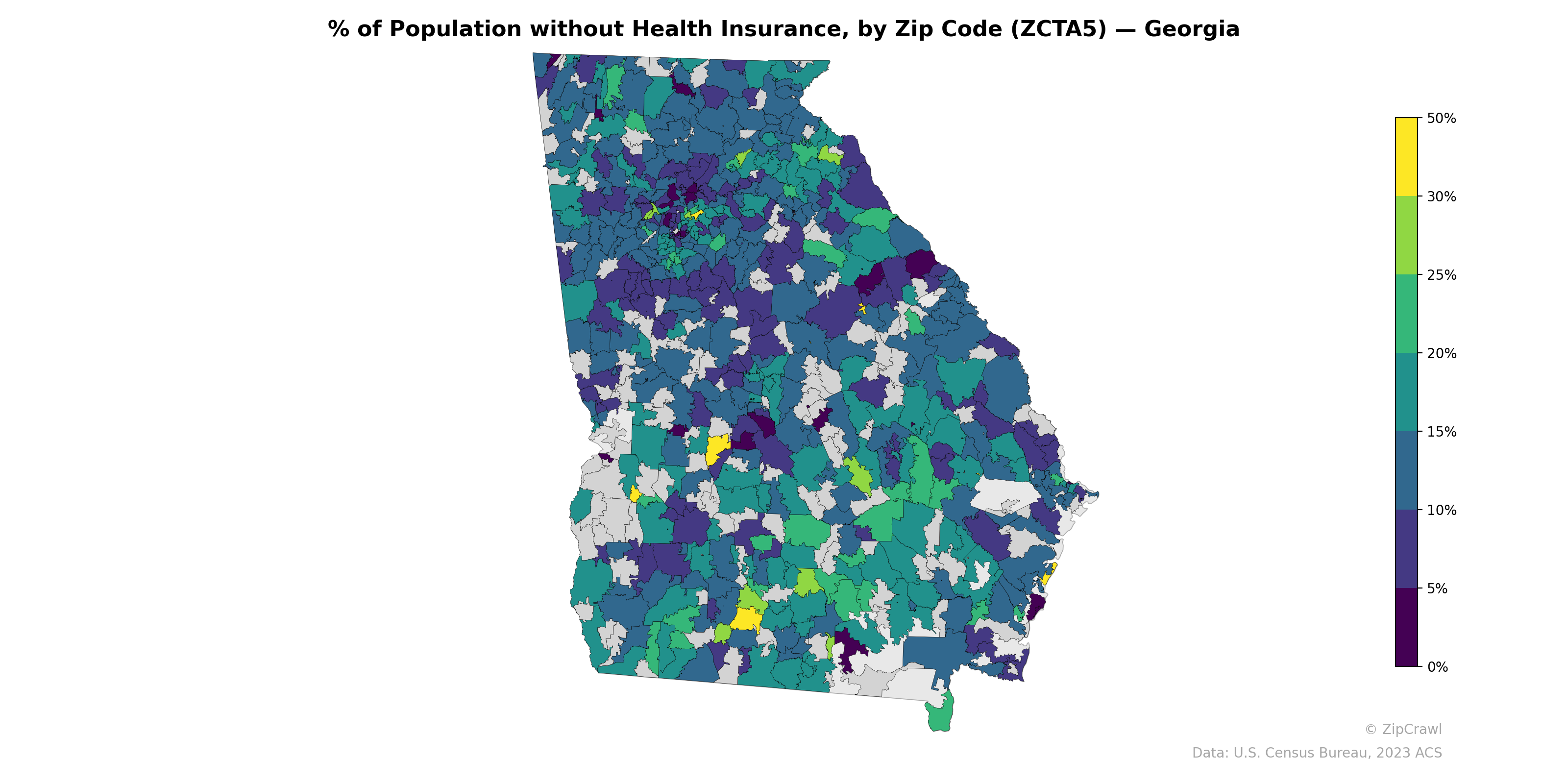 % of Population without Health Insurance, by Zip Code (ZCTA5) — Georgia