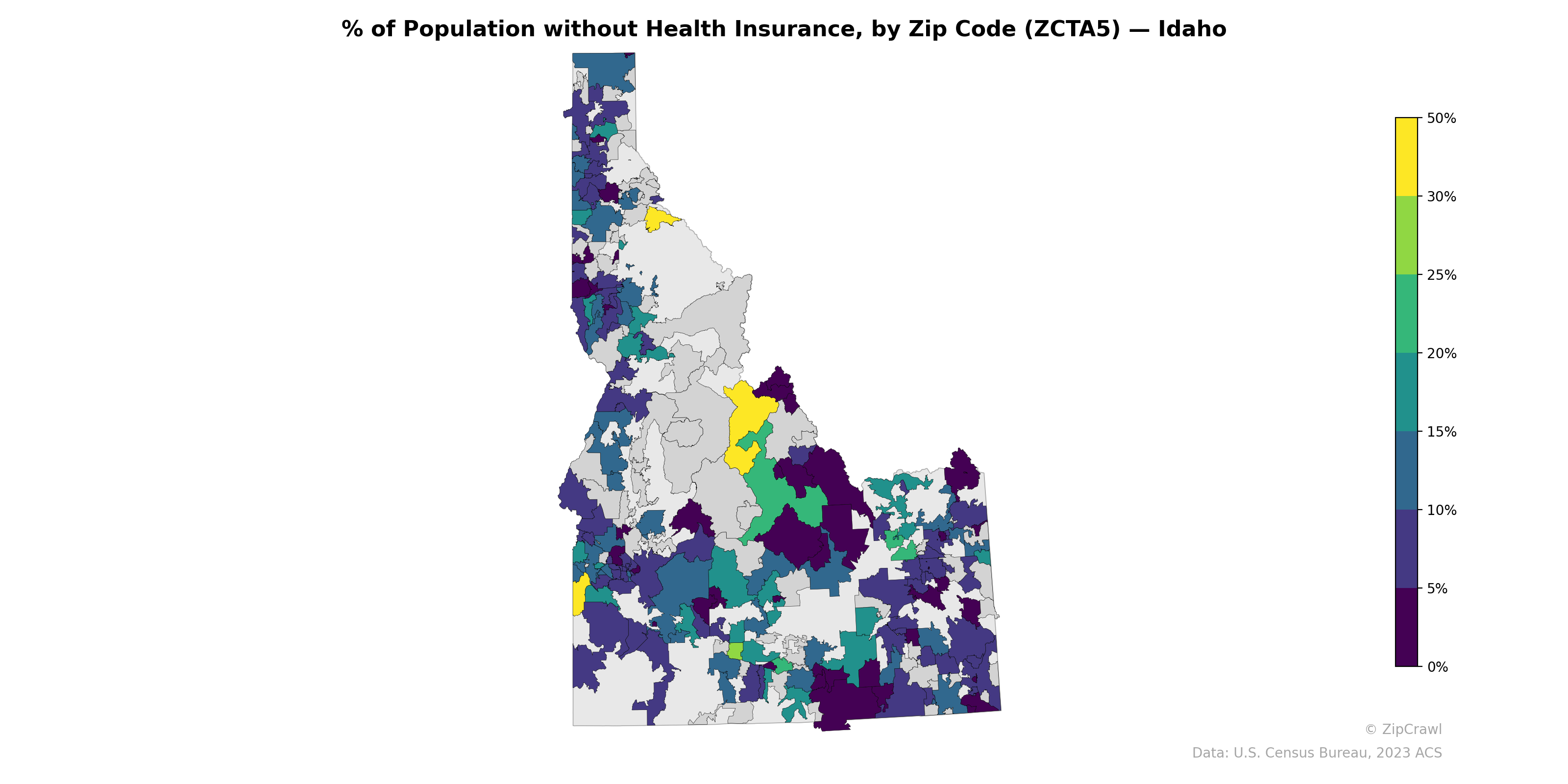 % of Population without Health Insurance, by Zip Code (ZCTA5) — Idaho