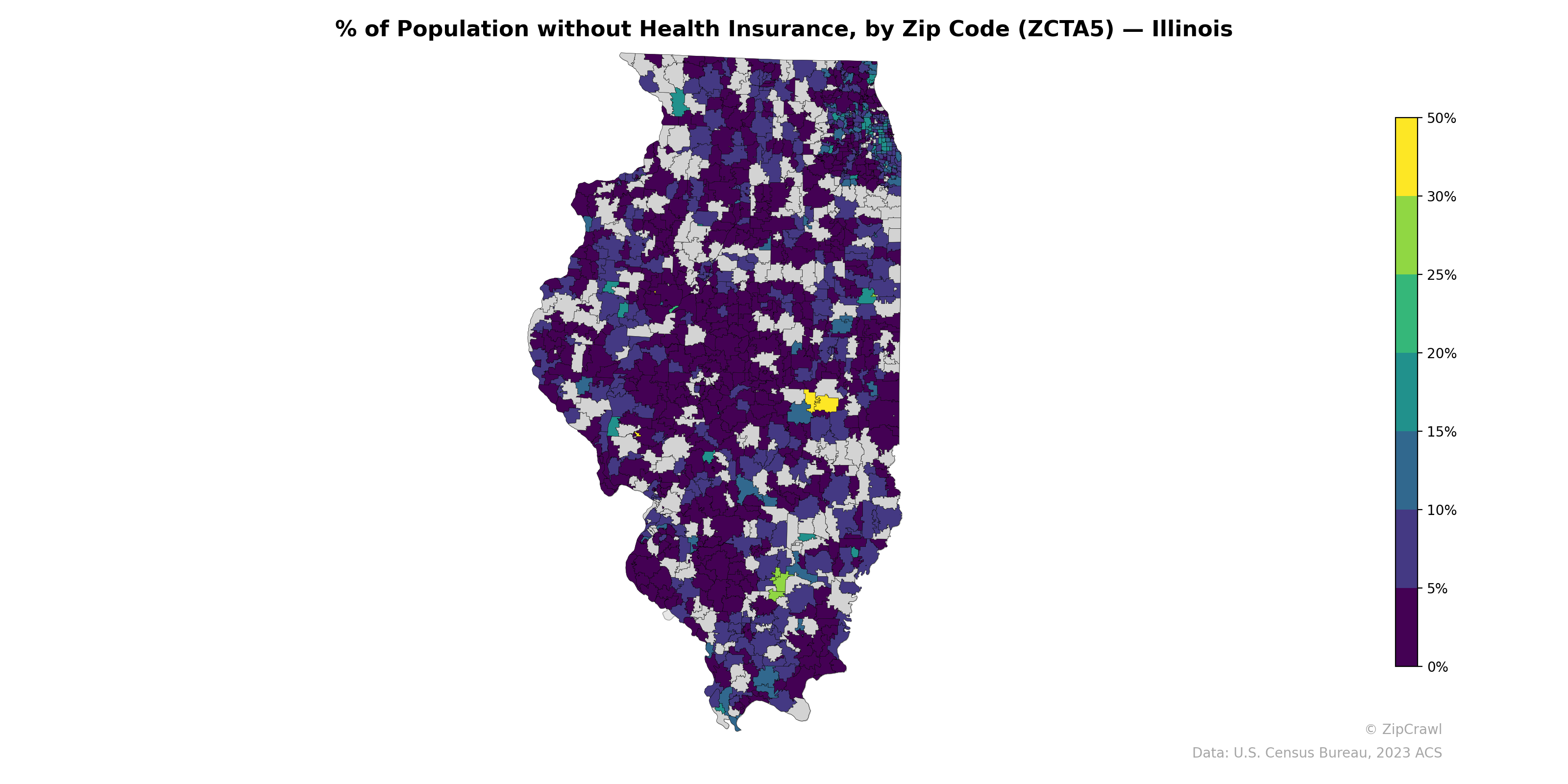 % of Population without Health Insurance, by Zip Code (ZCTA5) — Illinois